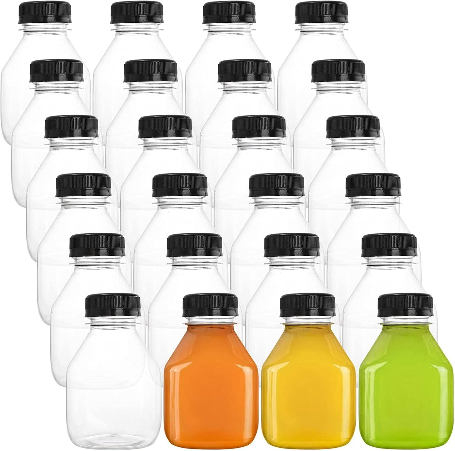 DEAYOU 24 Pack Mini Plastic Juice Bottles, 8 OZ Empty Clear Beverage Bottles with Caps, Small Reusable Drink Container with Tamper Evident Lid for Take Out, Milk, Smoothie, Juicing, Tea, Cold Drinks