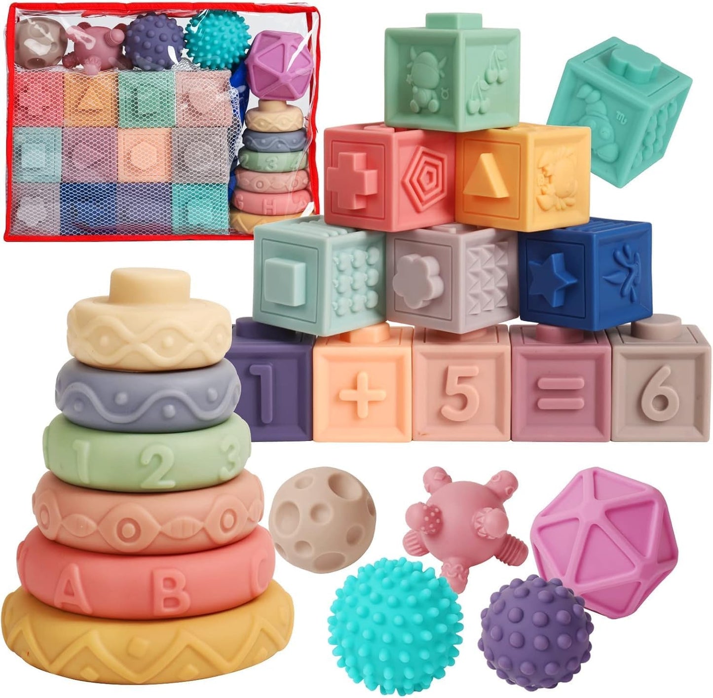 Montessori Baby Blocks – Soft Sensory Stacking Toys for Infants 6-12 Months, Educational Building Blocks for Toddlers 1-3, Non-Toxic Bath & Teething Toys (24-Piece Set)