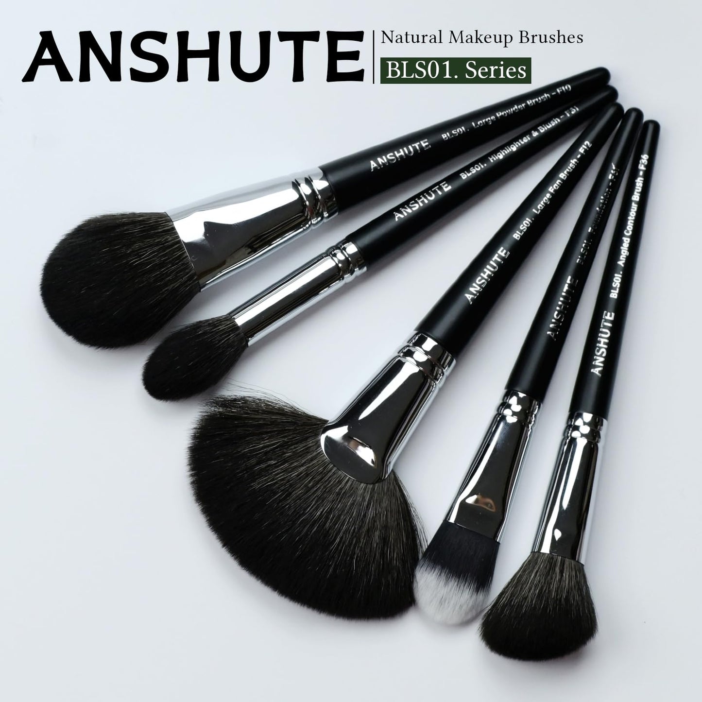 Anshute 5-Piece Professional Natural Goat Hair Makeup Brush Set – Face Brushes for Powder, Blush, Contour, Highlighting & Foundation. Super Soft Bristles, Variety of Brushes. Labled Brush Handle