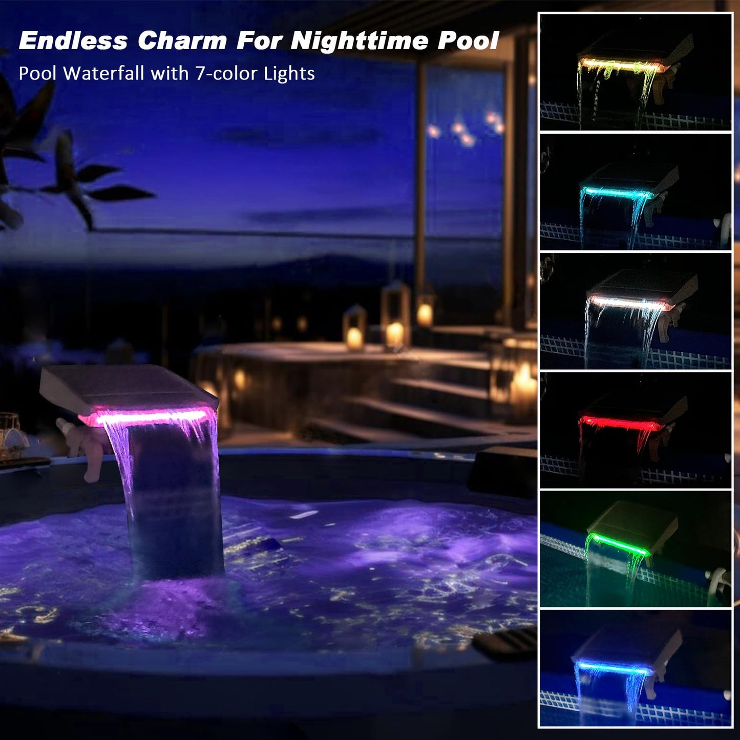 Pool Waterfall with 7-Color LED Lights, Swimming Pool Waterfall Fountain for Above Ground Pools, Smooth Flowing Waterfall with Light for Relaxation, Adjustable Width Fits 1.2" to 4.7" Frames