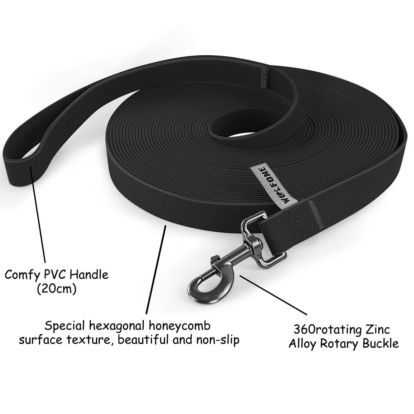 Wolfone 15m Black Heavy Duty Robust Training Dog Leash with Anti-Slip Handle，Waterproof Long Dog Leash for Outdoor Activities
