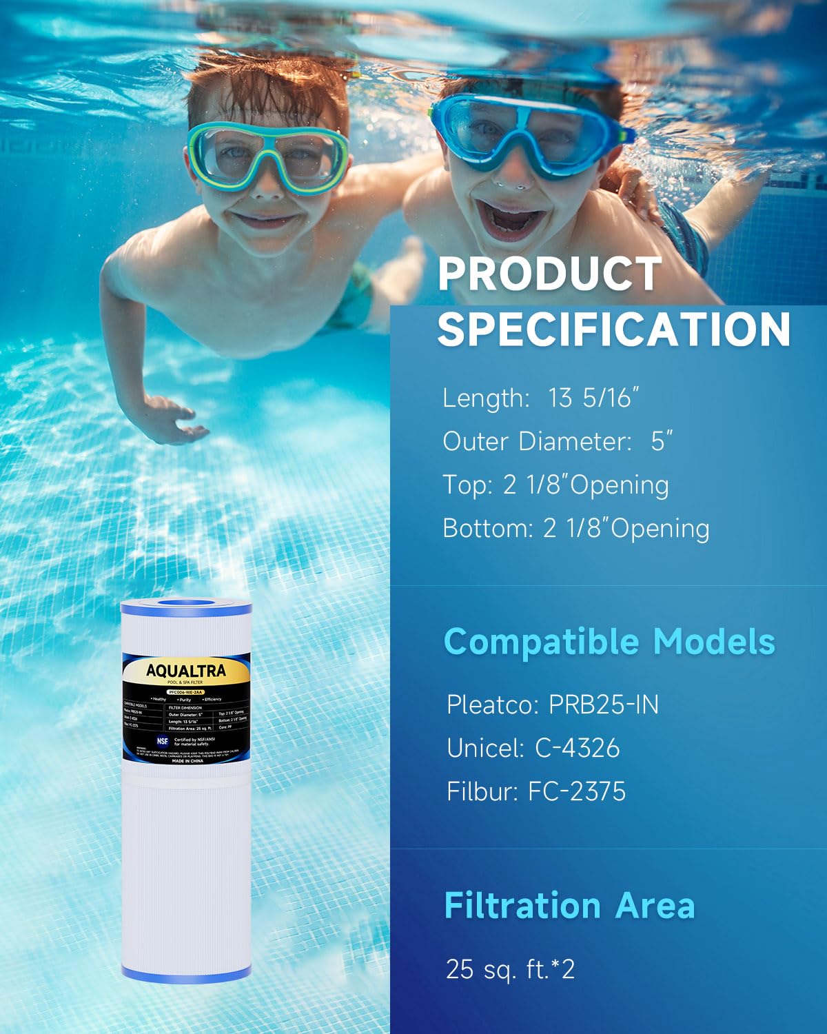 AQUALTRA Spa Filter Replacement Compatible with PRB25-IN, C-4326, FC-2375, FC-2370, 3005845, 17-2327, 100586, 33521, 25392, 817-2500, Guardian 413-106, 13 5/16" x 5" Drop in Hot Tub Filter 2 Pack