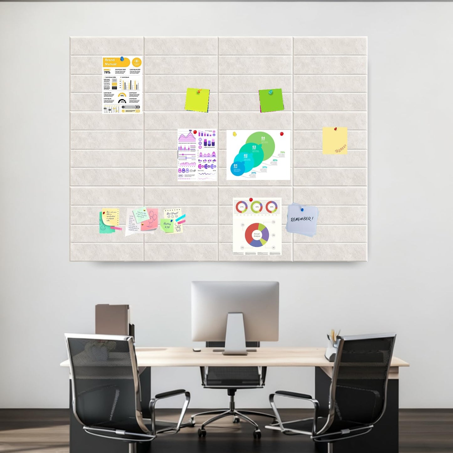 Large Cork Board for Walls, 12 Packs Beige Felt Wall Tiles with 35 Pushpins, 48" X 36" Large Bulletin Board, Removable Cork Board Alternative for Home School (Beige, Square Striped-12pcs)
