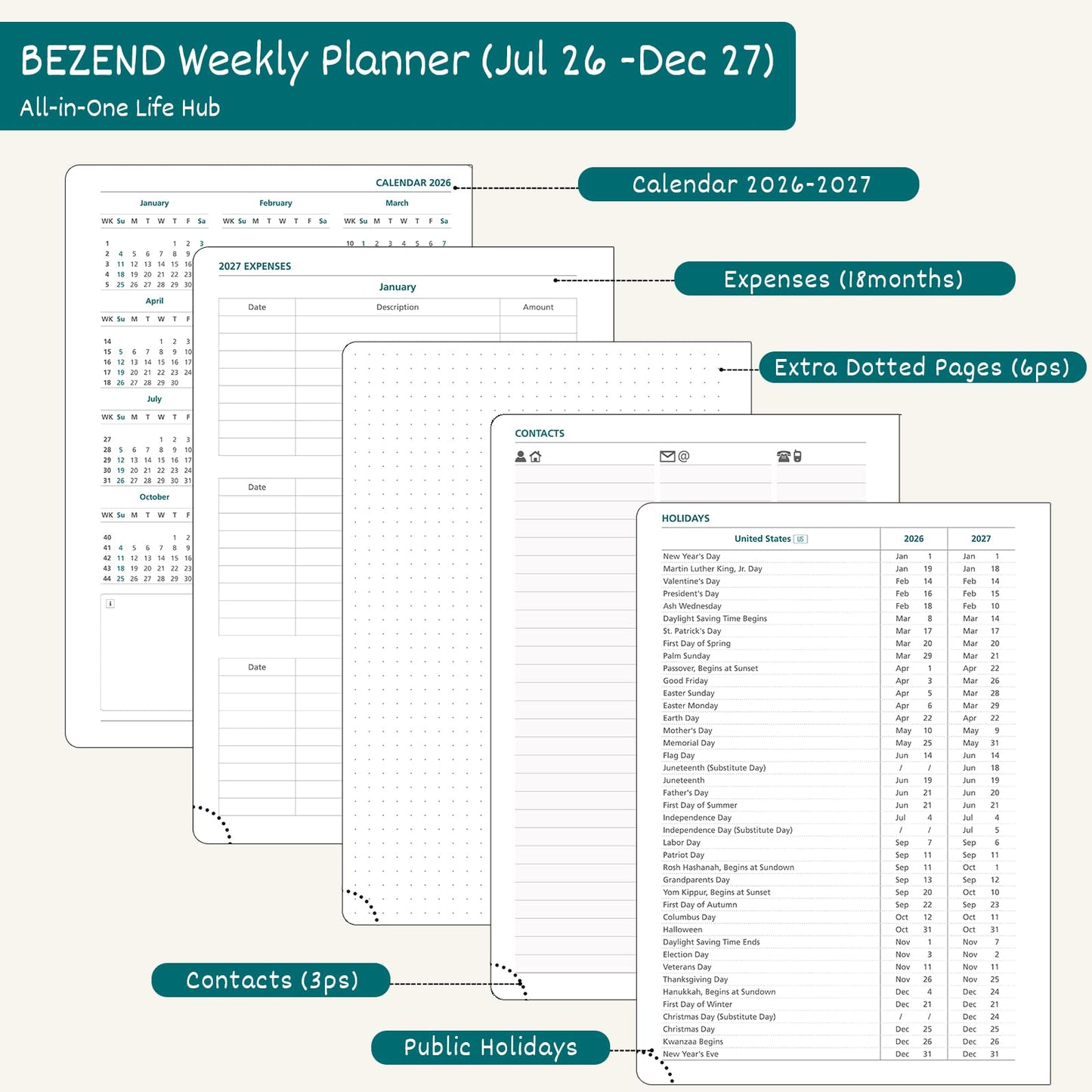 BEZEND Weekly Planner 2026-2027 (8.5" x 11") & Horizontal Layout Notebook (Jul 26-Dec 27) 18 Months Academic Agenda & Monthly Tabs, Ideal for Students, Work & Home, PU Leather Hardcover -Black