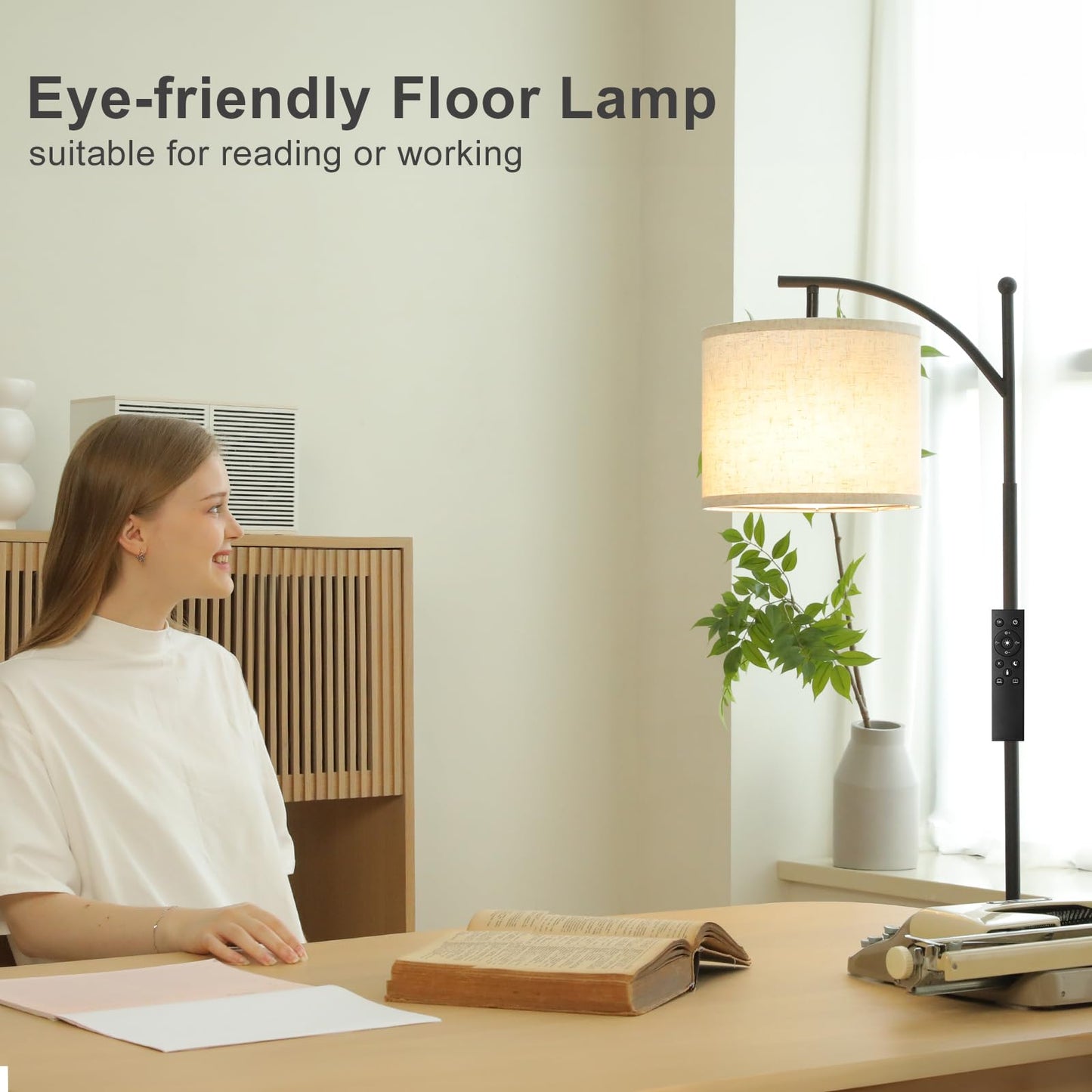 Ambimall Floor Lamp with Remote Control and Stepless Dimmable Bulb, Colors Temperature & Brightness Adjustable, Modern Floor Lamps for Living Room（Beige Shade & Black Pole）