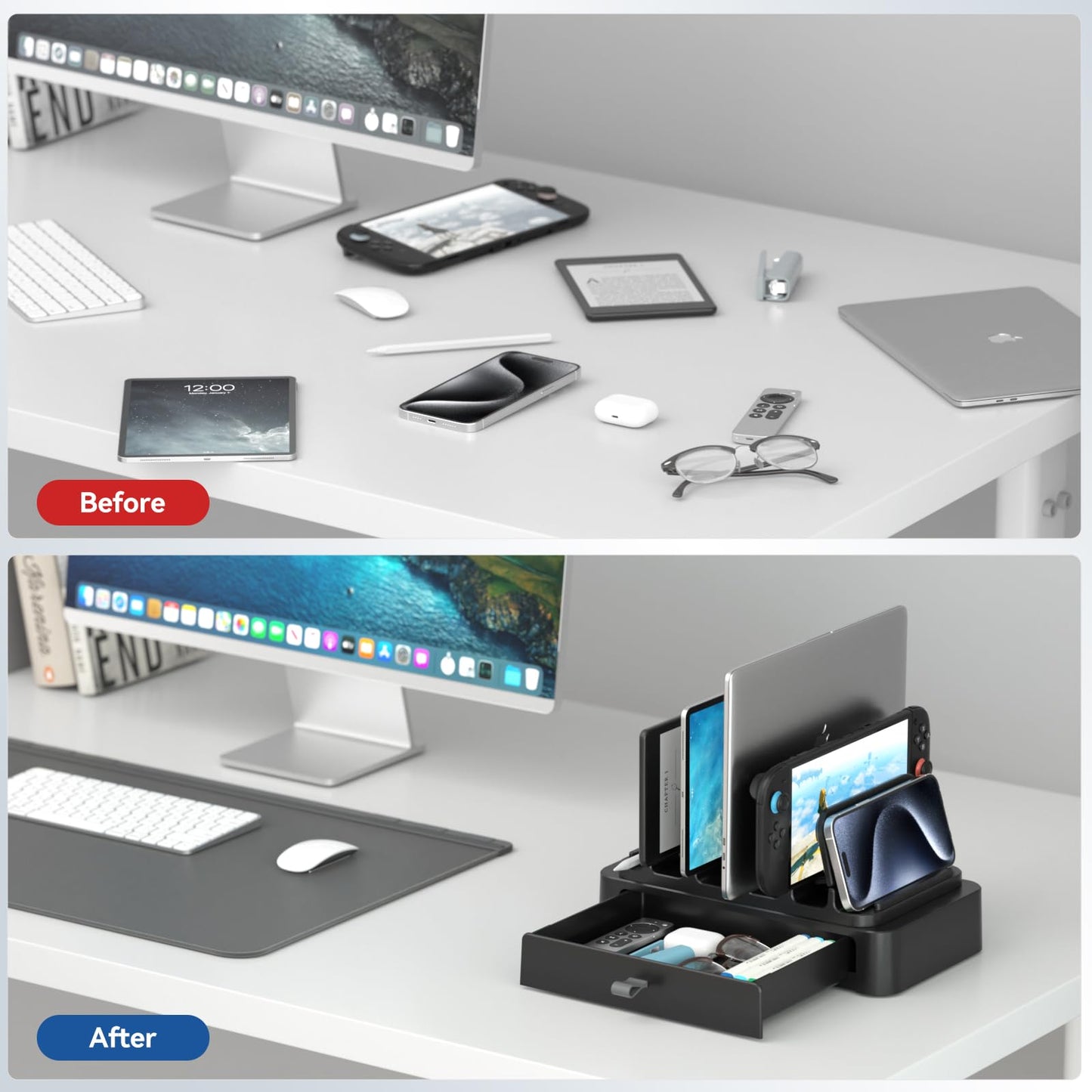 KDD Vertical Laptop Stand with Drawer, 7-in-1 Space-Saving Laptop Holder Organizer with Gravity Locking Fits MacBook Pro Air, Chromebook, Surface, HP, Dell, Tablet, Switch
