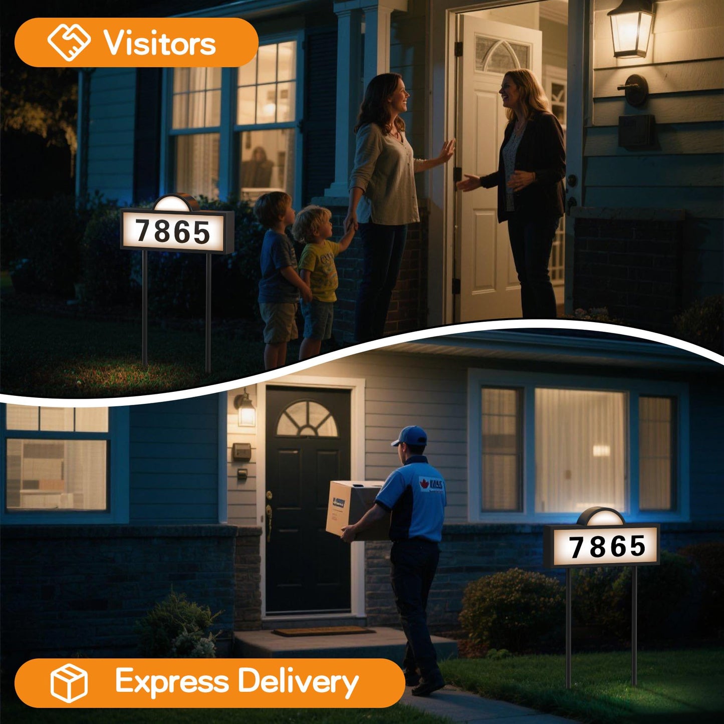Solar House Numbers for Outside, IP65 Waterproof Address Sign with Auto On/Off, Dual-Color (Warm White& Cool White) Illuminated LED Plaque, 2-in-1 Mount for Yard, Garden & Driveway