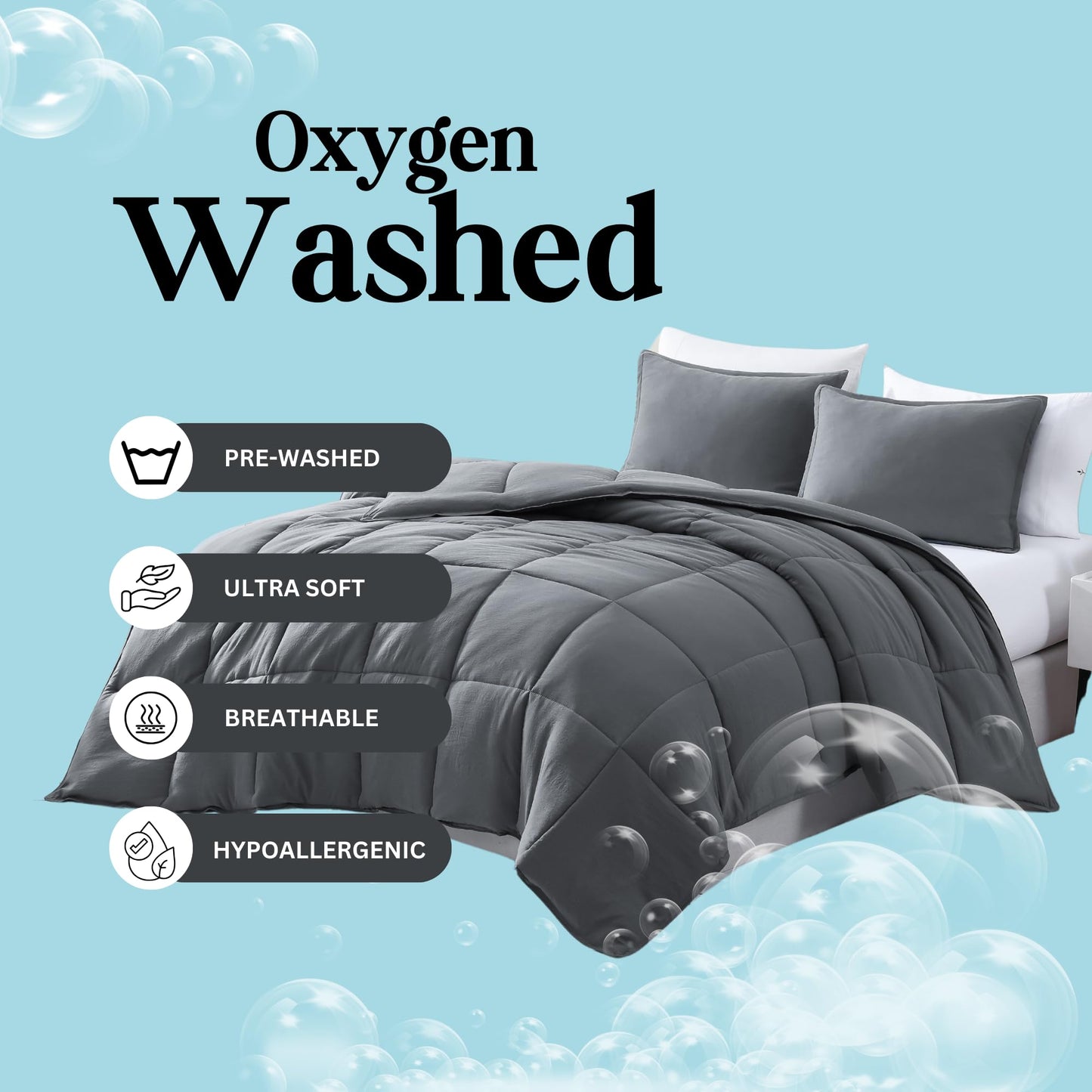 Casa Platino Queen Comforter Set 3 Piece - Charcoal Grey - 300 GSM Fill Weight Down Alternative All Season Bedding - Pre-Washed Brushed Microfiber - Oeko-TEX - Corner Tabs - 88"×88"