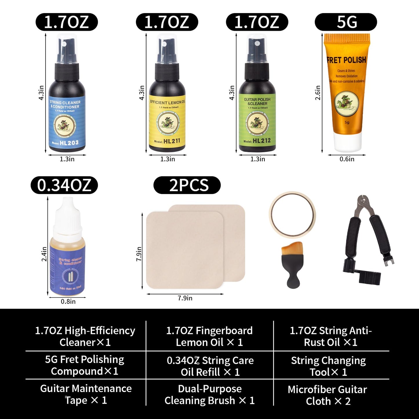9Pcs Guitar Cleaning Care Maintenance Kit with String Cleaner, Polish, Fretboard Lemon Oil, Anti-Rust, String Winder, Cleaning Cloth | Guitar & Bass Tools Accessories | Musician Gift for Guitar Player