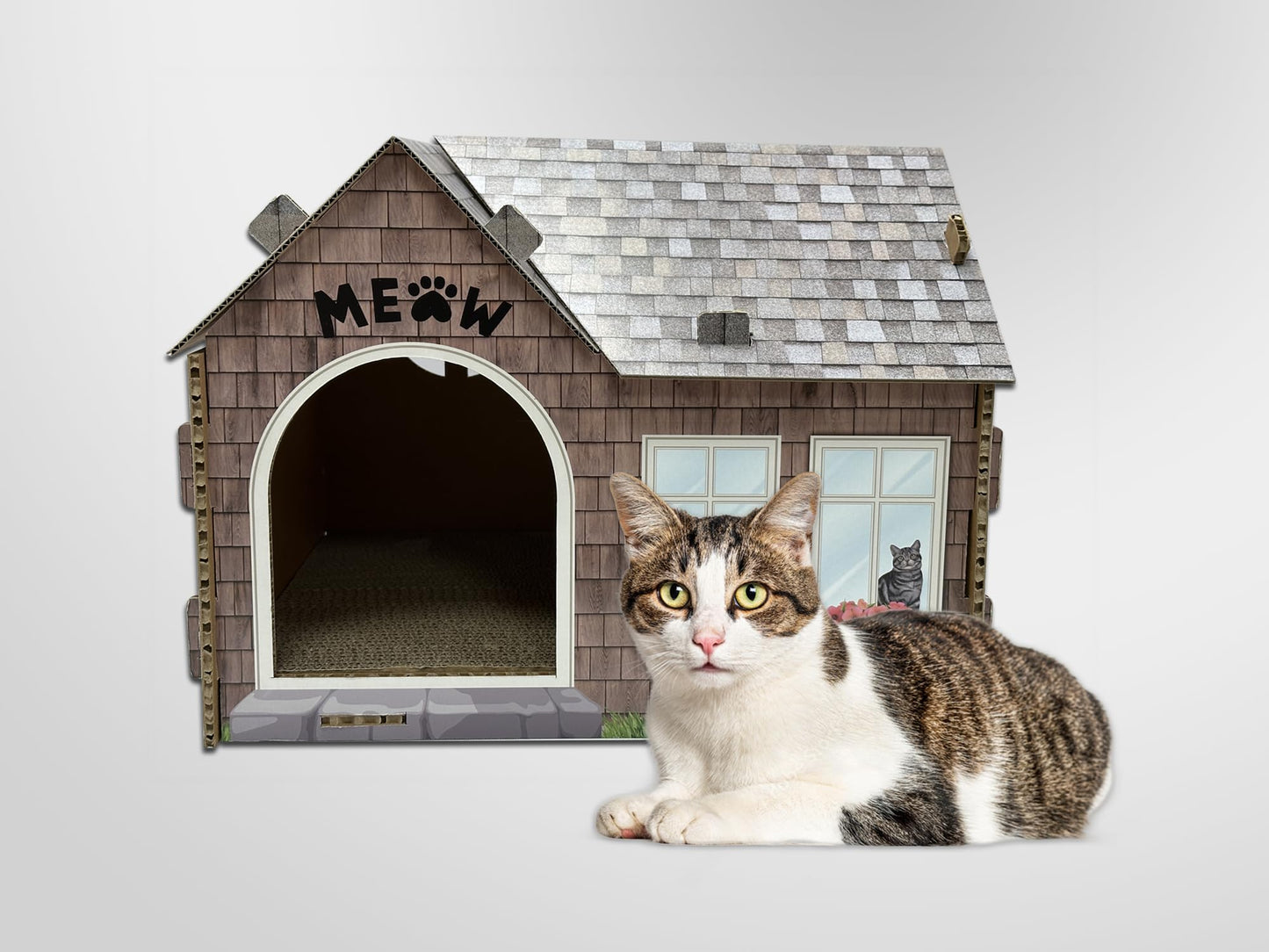 40EAST Cardboard Cat House Hideaway Playhouse with Cat Scratcher Scratching Pad_Cat Haven. (601, CH1, PAA230601)