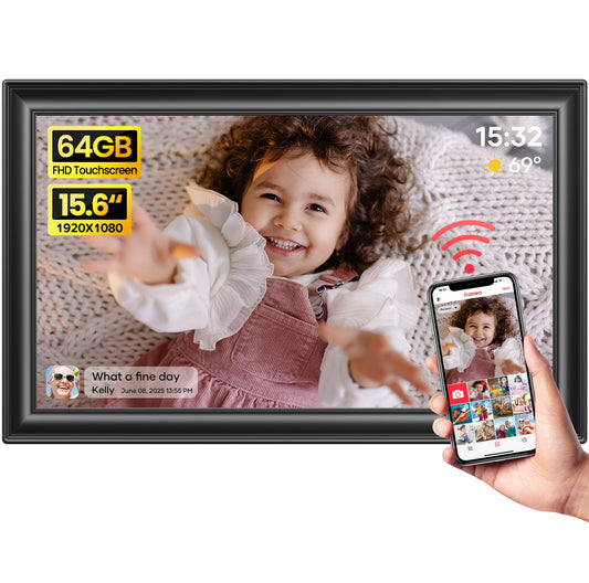 64GB 15.6" Frameo Digital Picture Frame WiFi, Large Electronic Photo Frames 1920 x 1080 IPS FHD Touch Screen, Send Photos from Your Phone from Anywhere, Best Gifts for Parents and Grandparents