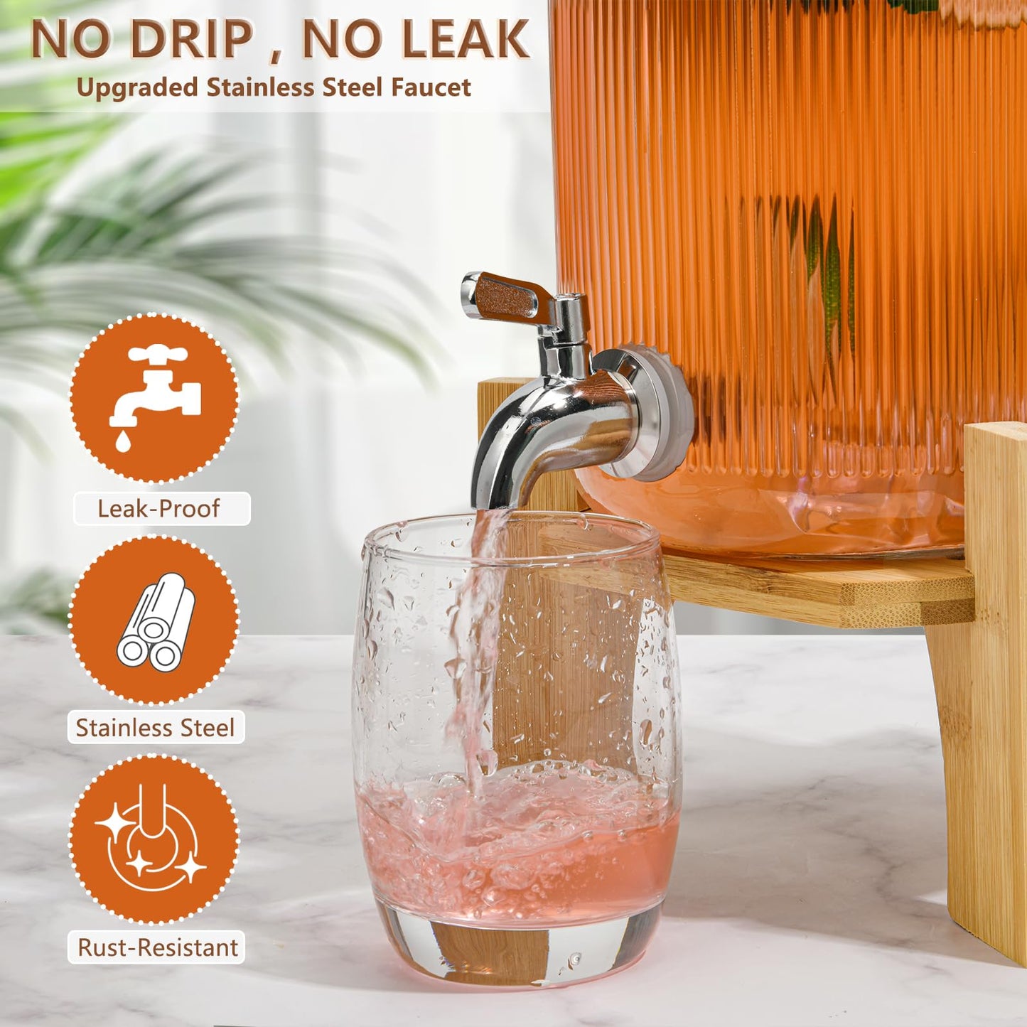 Hiziwimi 2 Pack Beverage Dispenser with Banboo Stand - 1 Gallon Glass Drink Dispenser for Parties with Spigot Solid Stainless Steel, Used As Iced or Hot Lemonade Juice Punch Dispenser