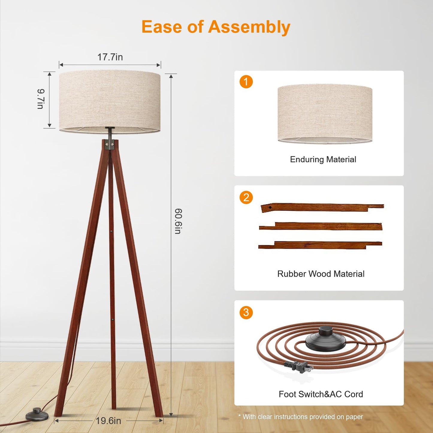 LEPOWER Tripod Floor Lamp, Floor Lamps for Living Room, Mid Century Modern Standing Lamp for Bedroom, Office and Study Room Lamp, Flaxen Lamp Shades with E26 Lamp Base (Brown Tripod Holder)