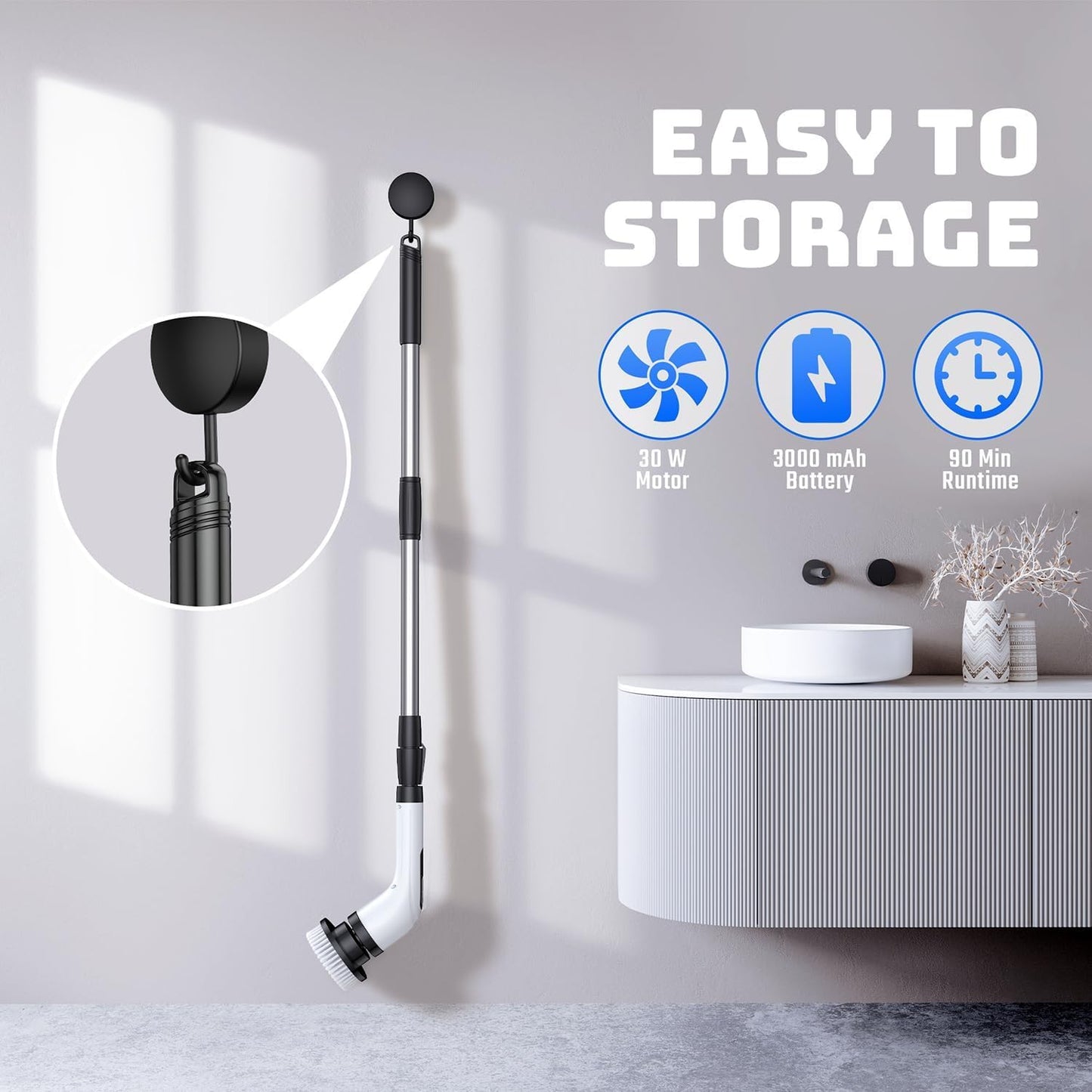 Electric Spin Scrubber for Bathroom: Shower Scrubber with Long Handle, Dual Speed Cordless Power Cleaning Scrub, 7 Brush Heads, IPX7 Waterproof Heavy Duty Cleaner Tools for Tub Tile Grout Wall(White)