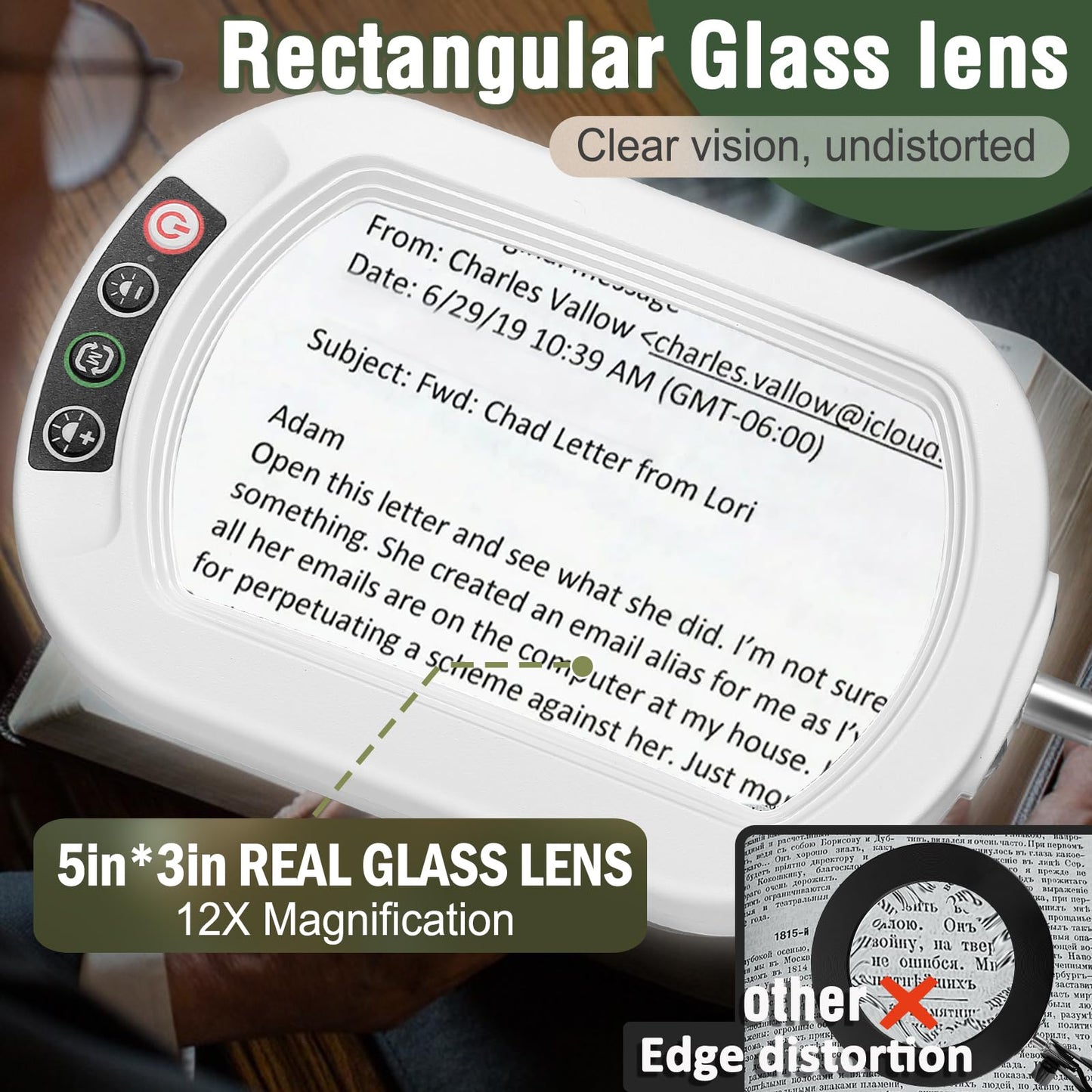 12X Rectangle Magnifying Glass with Light and Stand, 5 Color Modes Stepless Dimmable, 2-in-1 LED Desk Lamp with Clamp, Hands Free Lighted Magnifier for Reading Crafts Repair Painting Close Work White