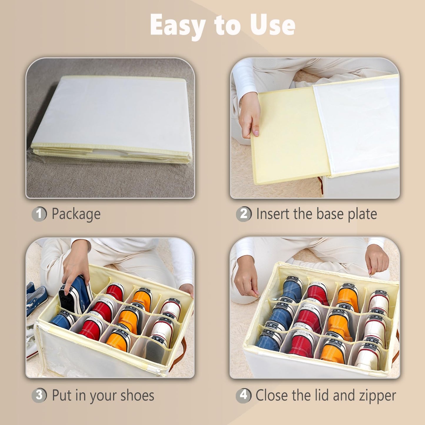 Patinao 3 Pack Shoe Storage Box Organizer for Closet - 24 Cell Space Saver Shoes Containers Bin with Clear Lids Stackable, Can Fit Ottoman, Foldable Shoe Rack Cabinet Cubby for Wardrobe