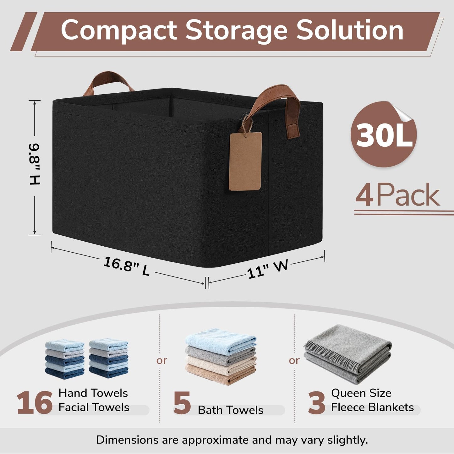 Goodpick 4-Pack Storage Basket,Closet Organizers and Storage Box,Storage containers for Shelves,16.75" L x 11" W x 9.75" H, Black