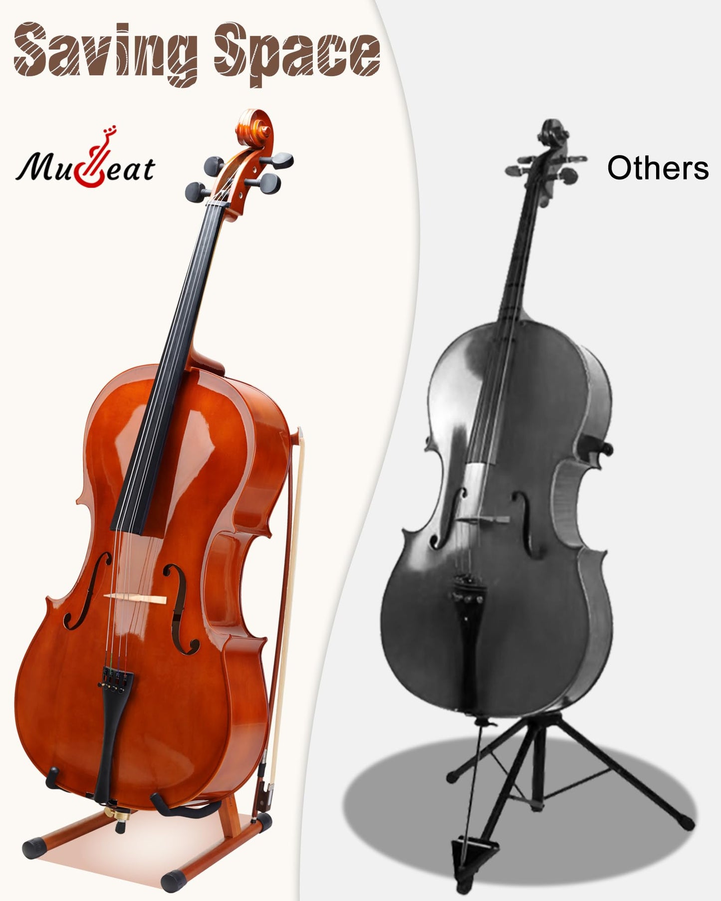 Musbeat Cello Stand with Bow Holder, Mahogany Wooden A-Shape Floor Stand with Padded Foam, Handcrafted Cello Rack Fits 1/2, 3/4, 7/8, 4/4 Full-Size and Guitar, Instrument Holder for Home and Studio