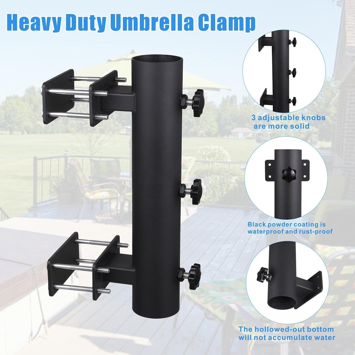Patio Umbrella Holder, Heavy Duty Adjustable Metal Sun Umbrella Clamp Stand, Deck Umbrella Mount for Deck Railing,Outdoor Courtyard,Balcony