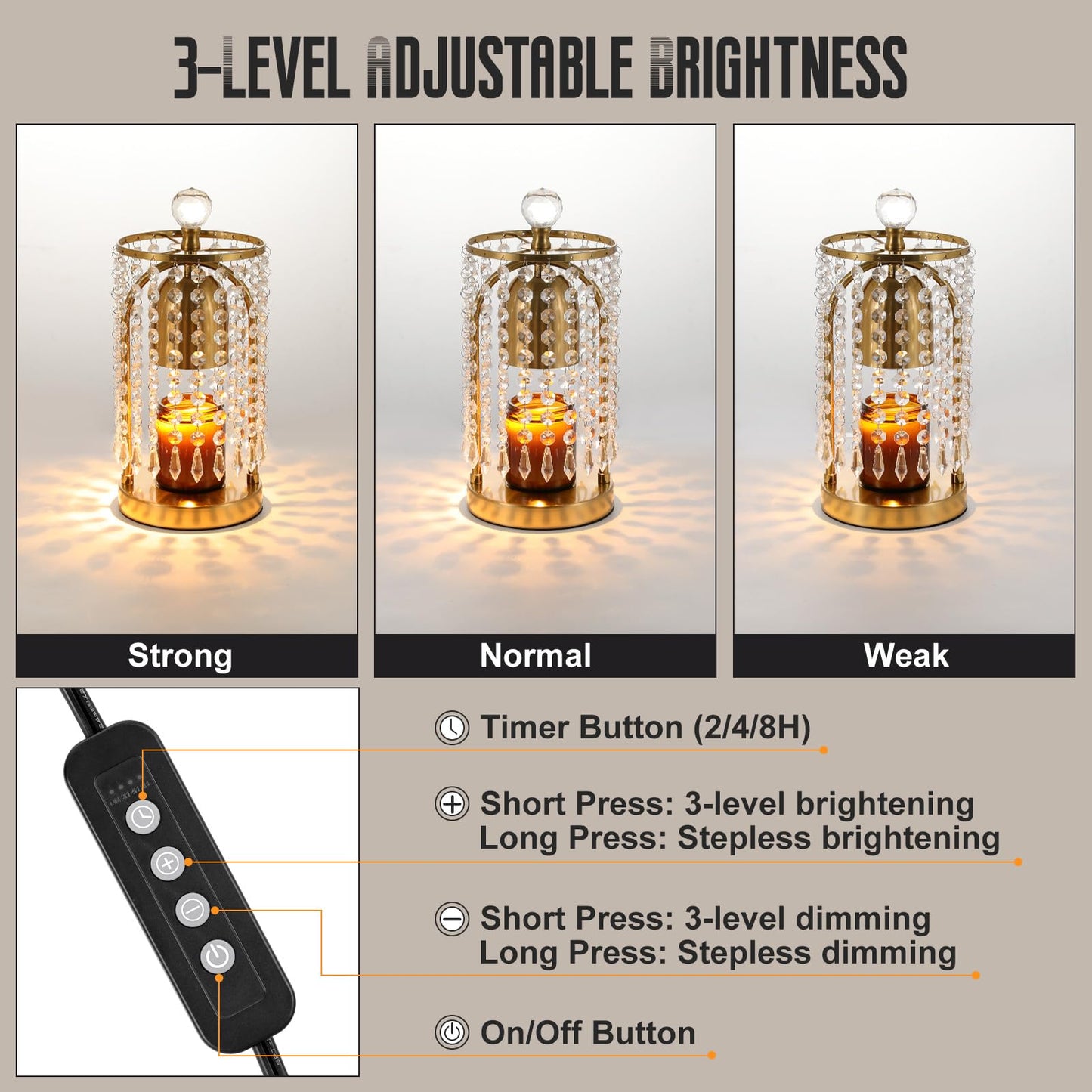 Lewondr Candle Warmer Lamp with Timer & Dimmable, Candles Warmer Lamp Crystal Wax Melt Tool with 2 Bulbs, Electric Candle Melter Decor for Bedroom Home, Gold