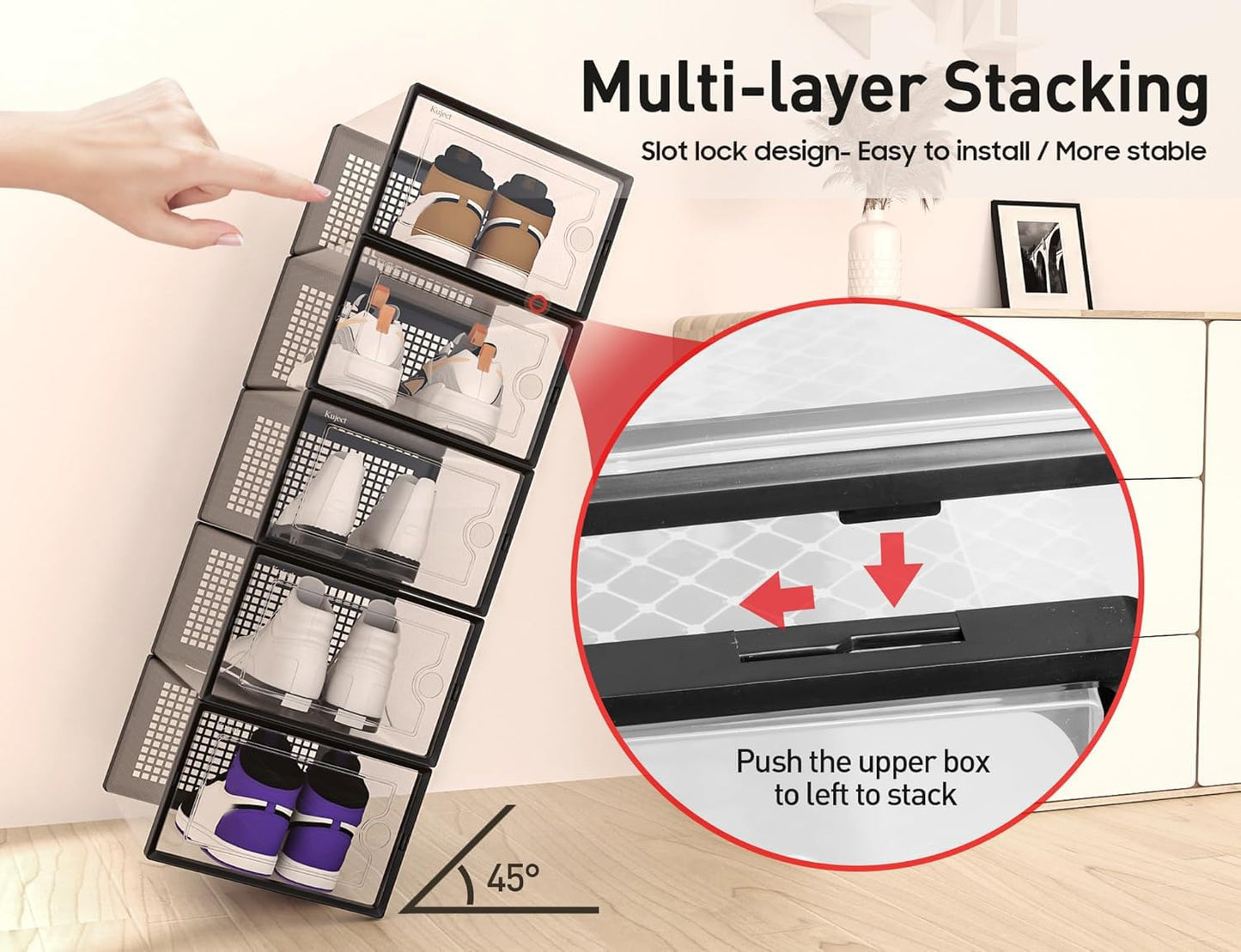 Kuject X-Large Shoe Storage Organizers,12-Pack Clear Plastic Stackable Shoe Boxes, Shoe Rack Cabinet Substitute, Sneaker Containers, Toy Storage Bins for Entryway, Closet, Under Bed, Garage, Black