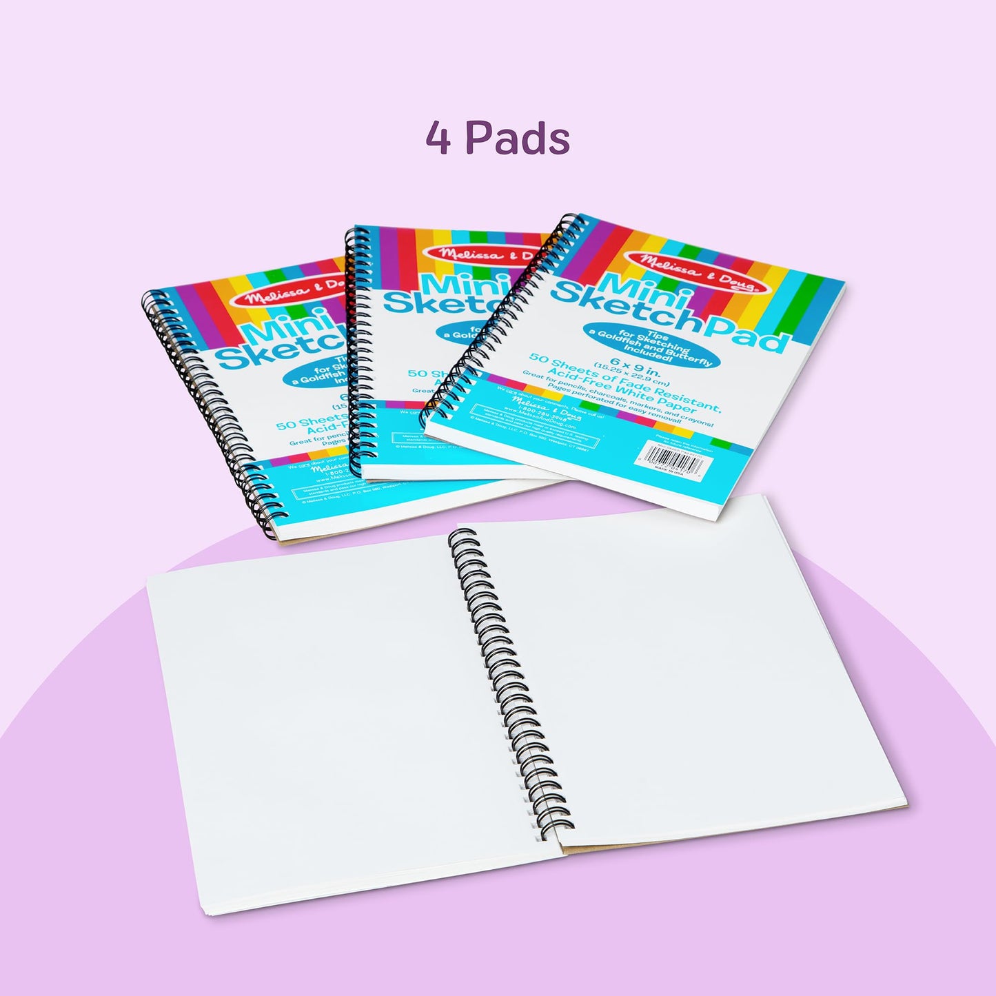 Melissa & Doug Mini-Sketch Spiral-Bound Pad (6 x 9 inches) - 4-PackSketch Book for Kids, Kids Drawing Paper, Drawing and Coloring Pads