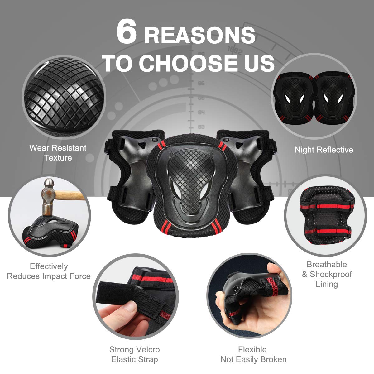 Besmall Skateboard/Skate Helmet with Protective Gear Knee Pads Elbow Pads Wrist Guards for Kids/Youth BMX/Skateboard/Bike, for Head Size M (52-57cm) Black