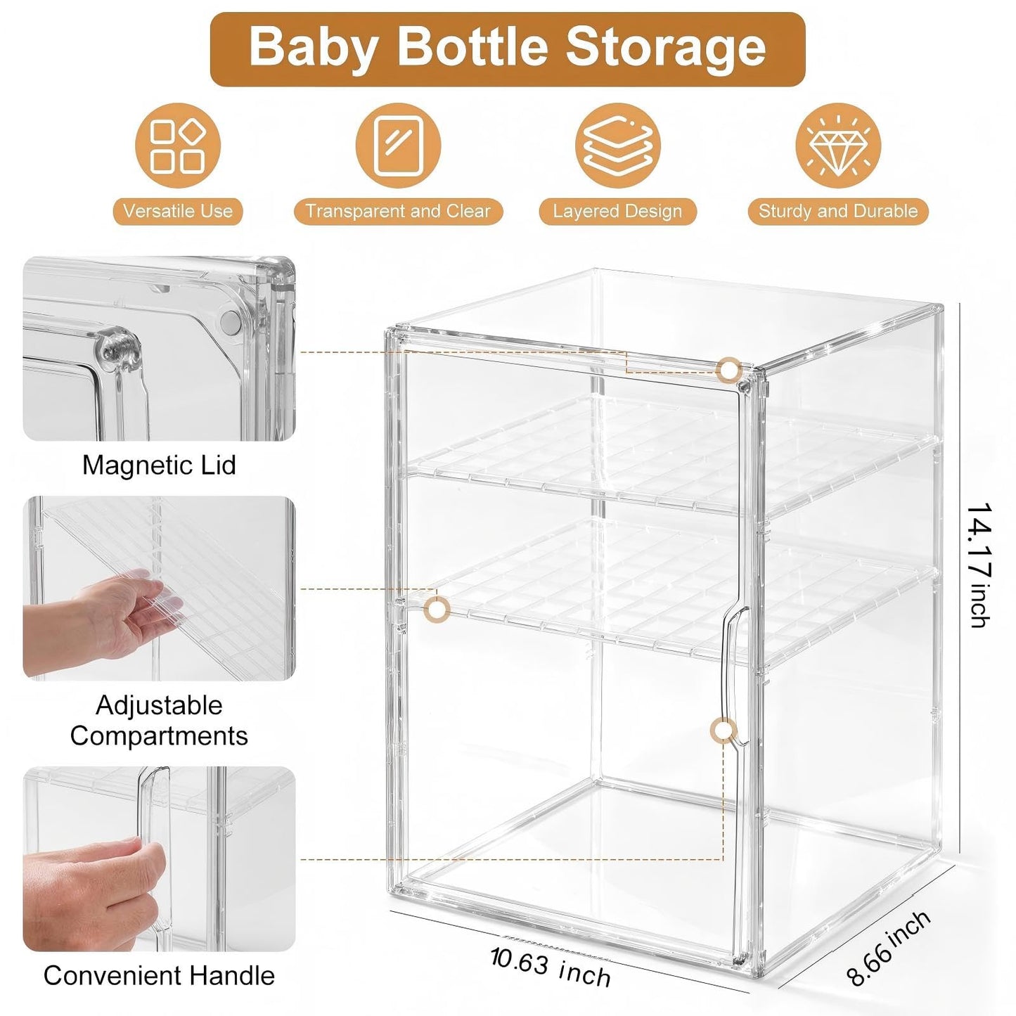 Onilife Baby Bottle Storage Organizer for Countertop Cabinet, 3 Tier Adjustable Bottles Station Container, Clear Acrylic Case Box with 2 Removable Dividers and Magnetic Door, Large