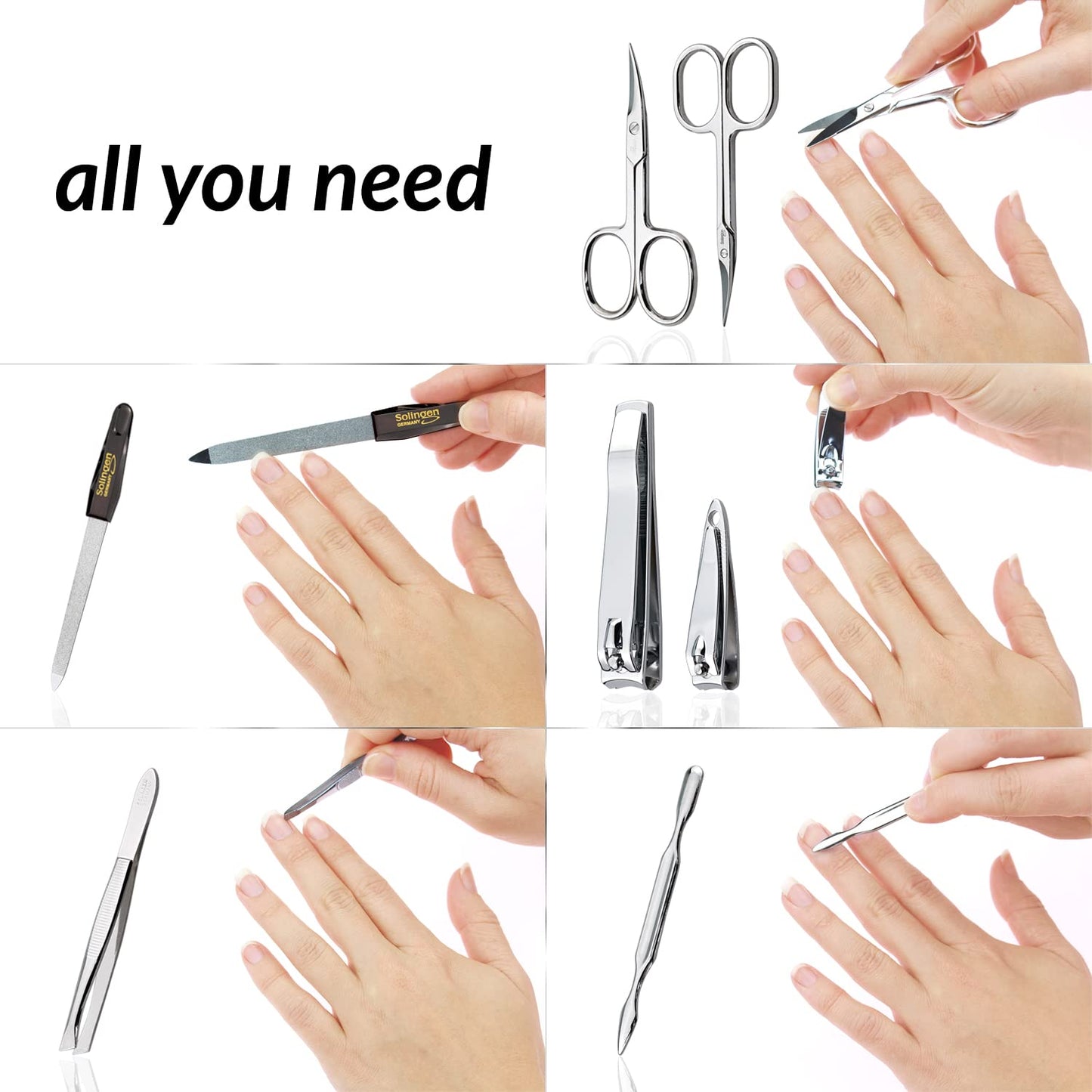 marQus Manicure Set Solingen Made in Germany - 7 piece stainless steel exclusive finger & toe nail clippers set in real leather case, made in Solingen Germany* (except for clippers)