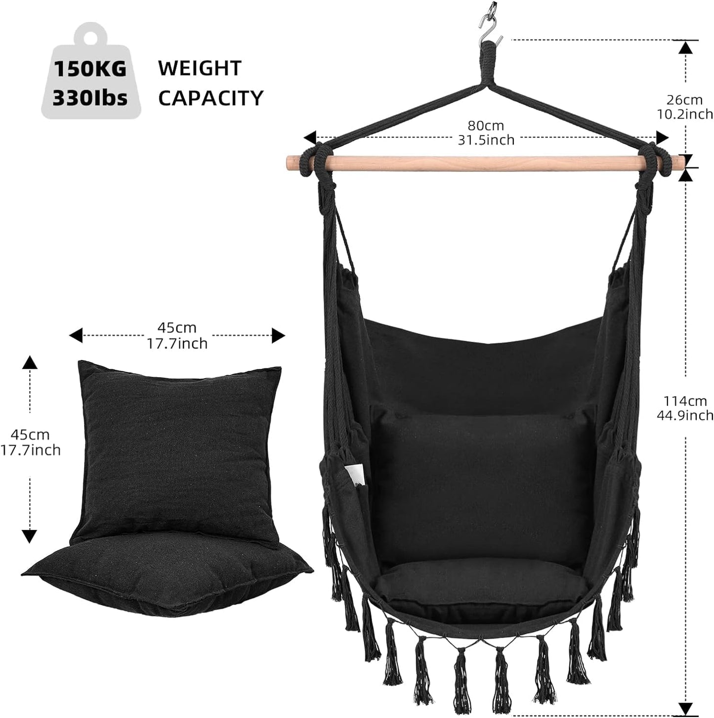 Goutime Swing Chair with 2 Hanging Chair Seat Cushions Pillows, Hammock Chair Swing with Carry Bag and Hardware Kit, Chair for Bedroom, Indoor/Outdoor Chair Reading Chair 330 Lbs (Dark Gray)