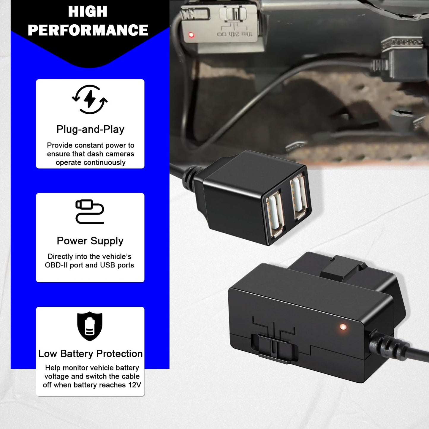 010-12530-23 Constant Vehicle Power Cable for Garmin Dash Cam 46, 47, 56, 57, 66W, 67W, Live, Mini, Mini 2, Tandem, Connect to Vehicle's OBD-II Port for Power Even When Parked and Turned Off