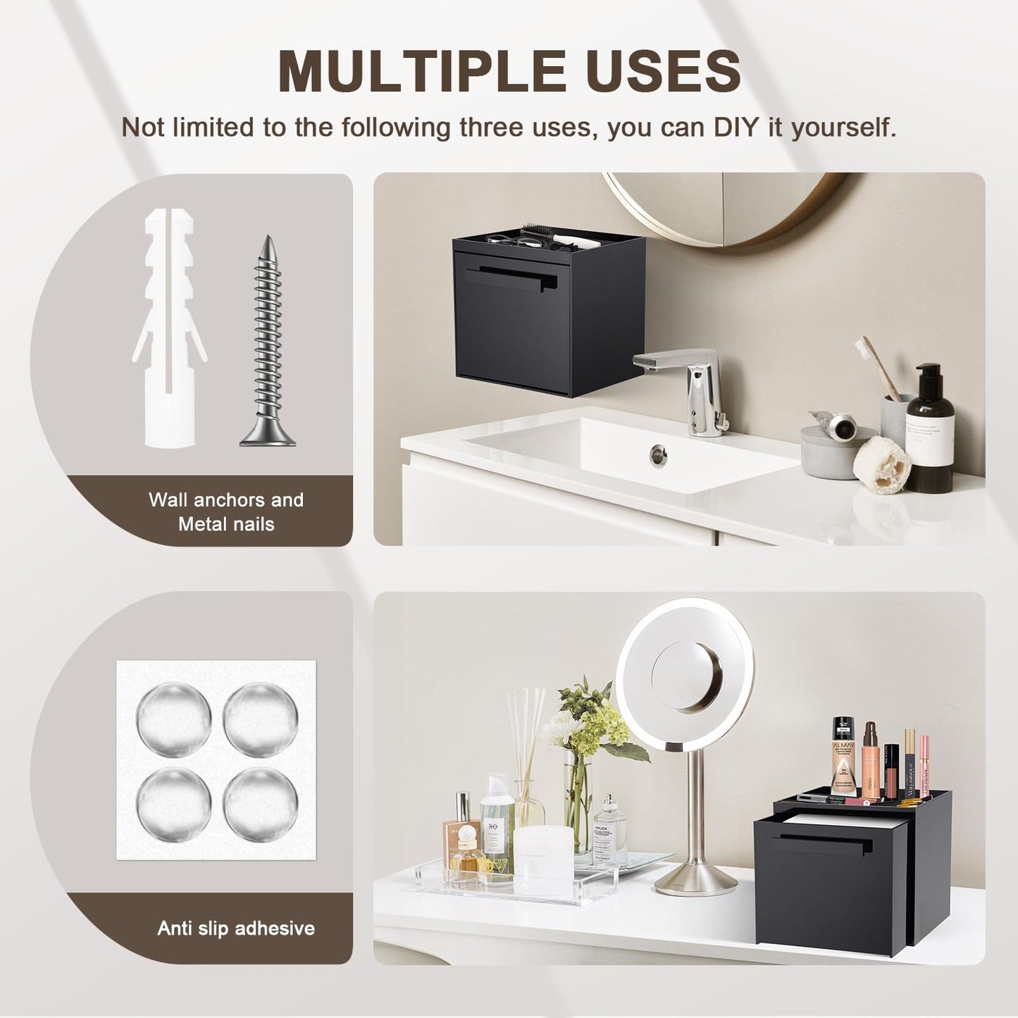 TAINESS Disposable Face Towel Storage Box Compatible with Clean Skin Club Clean Towel XL Acrylic Cosmetic Organizer Container Box Facial Towels Holder with Drawer Wall-Mounted (Black)