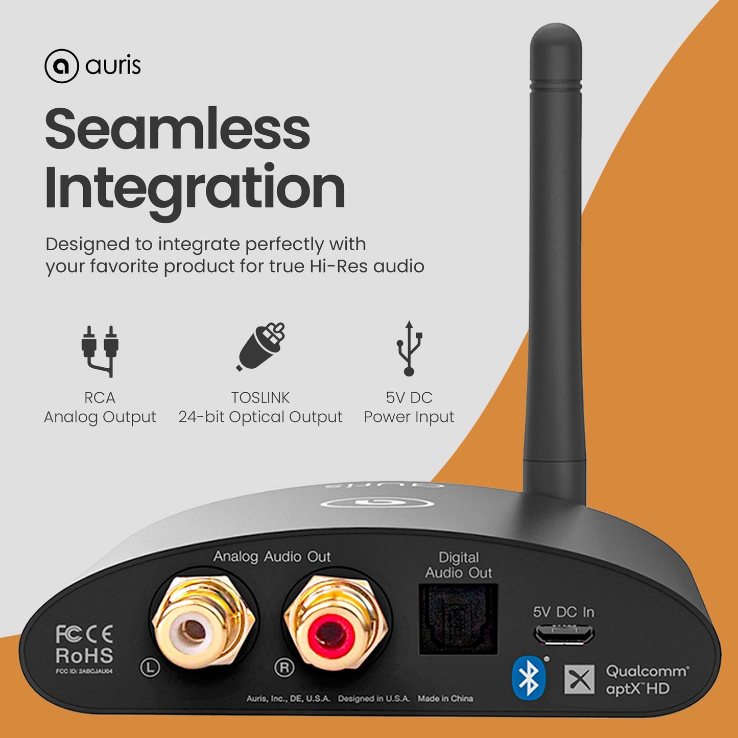 Auris Blume HD Long Range Bluetooth 5.3 Music Receiver Hi-Fi Wireless Audio Adapter with Audiophile DAC, LDAC & aptX HD for Streaming to Home Stereo, AV Receiver or Stereo Amplifier