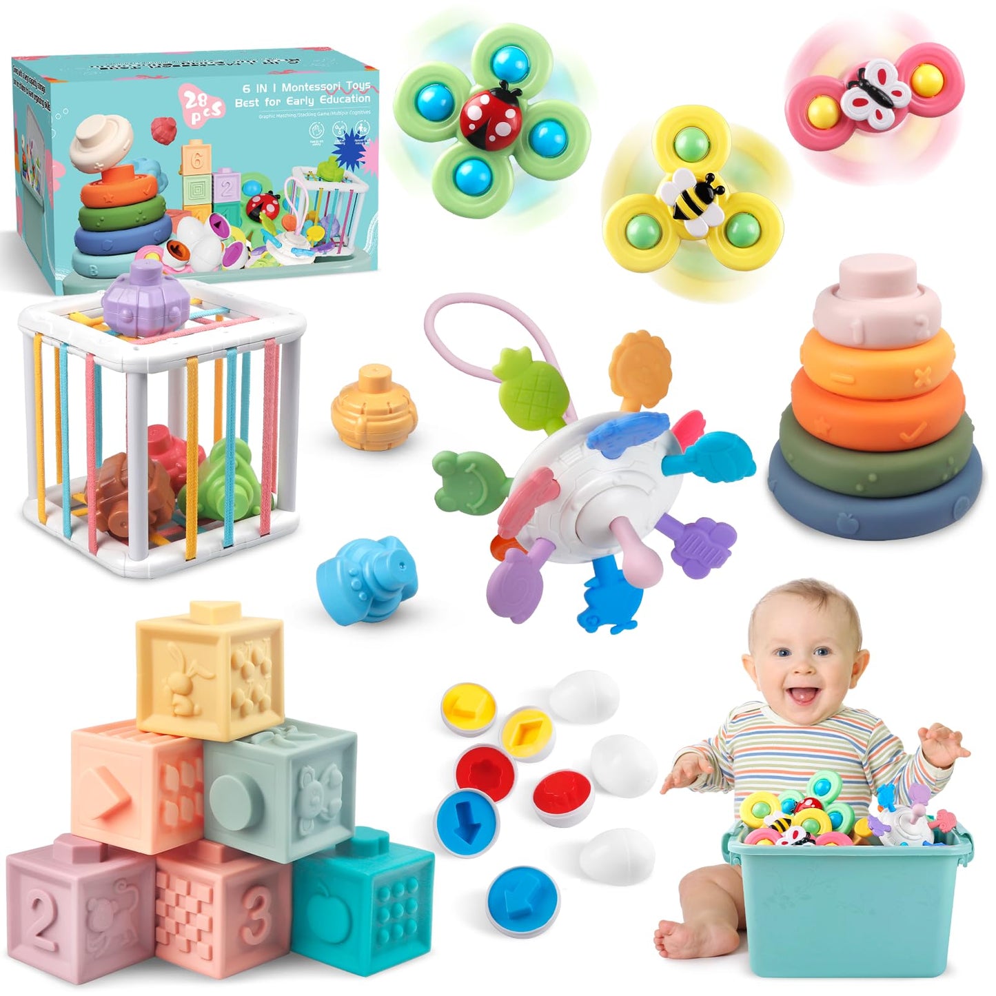 6 in 1 Montessori Toy for Baby 6-12-18 Months, Soft Stacking Building Blocks Infant Baby Teething & Sensory Toys for Toddlers 1-3 Year Old Boy Girl Gift