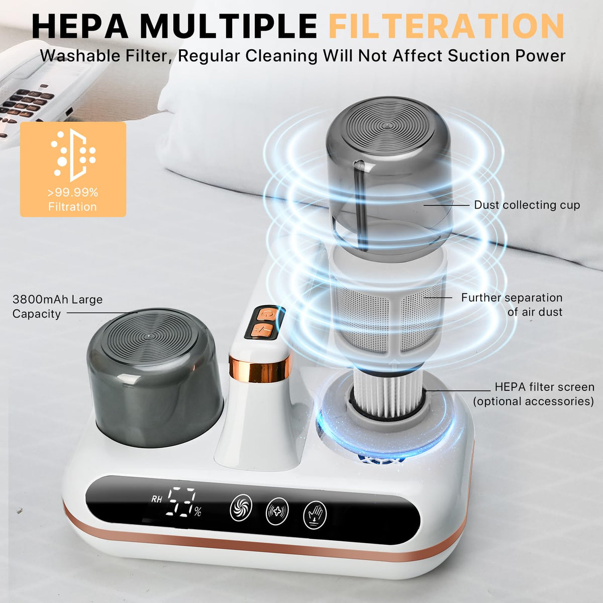 1000W Cordless Bed Vacuum Cleaner - 5-in-1 Mattress Vacuum with &Built-in Humidity Sensor, High-Frequency Tapping, 16Kpa Suction, Low Noise, Rechargeable & Portable, Ideal for Dust, Pet Hair (White8)