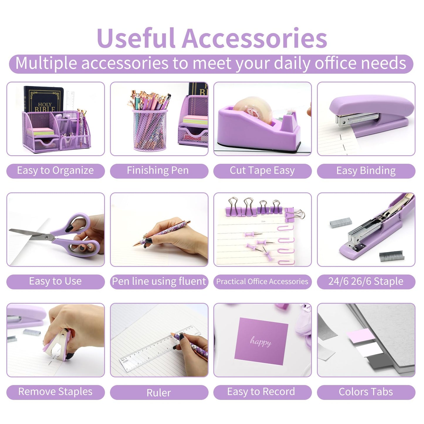 12 in 1 Purple Desk Organizers and Accessories Set, Gifts for Coworkers, Office Supplies, Stapler, Pen Holder, Tape Holder, Staples, Scissors