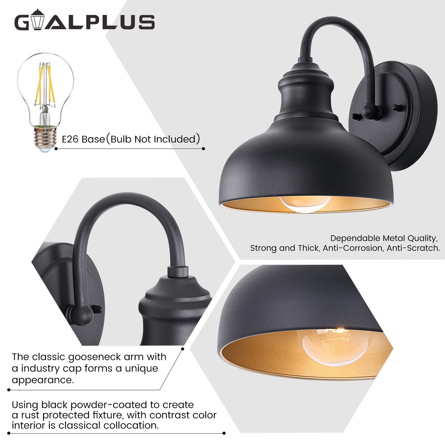 GOALPLUS Outdoor Gooseneck Barn Lights for Porch, 7in. Dome Exterior Farmhouse Light Fixture with Wall Mount, Small Black Wall Lighting with Brass Interior, Outside Wall Sconce for Garage, Patio