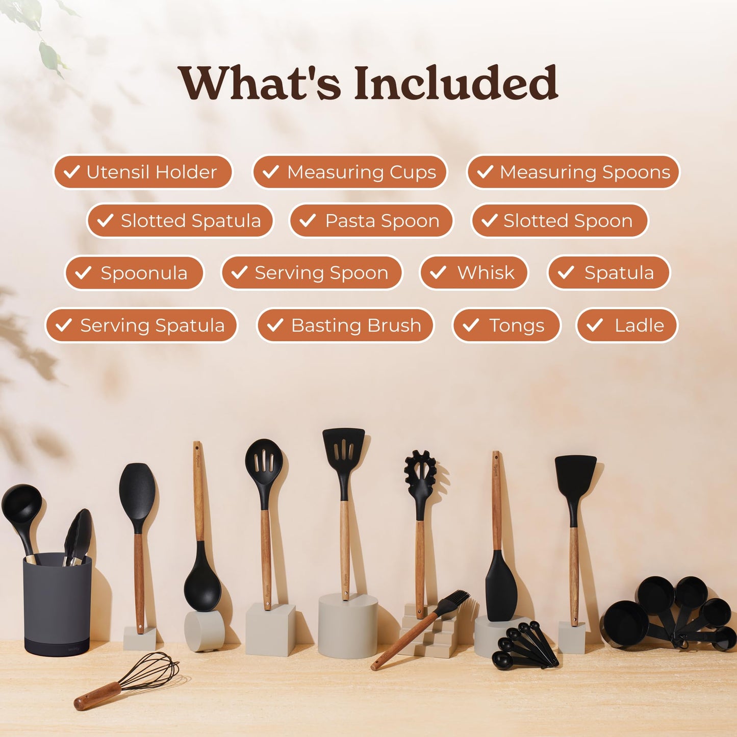 Silicone Kitchen Utensils Set & Holder: Cooking Utensils Set - Kitchen Essentials for New Home & 1st Apartment (Walnut, Black)