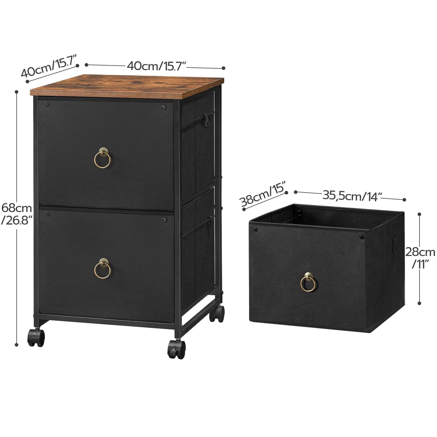 HOOBRO 2-Drawer Mobile File Cabinet, Vertical Filing Cabinet, Filing Cabinet for Home Office, Rolling Printer Stand, A4/Letter-Sized, Nonwovens Drawer, Black and Rustic Brown BFK20WJ01