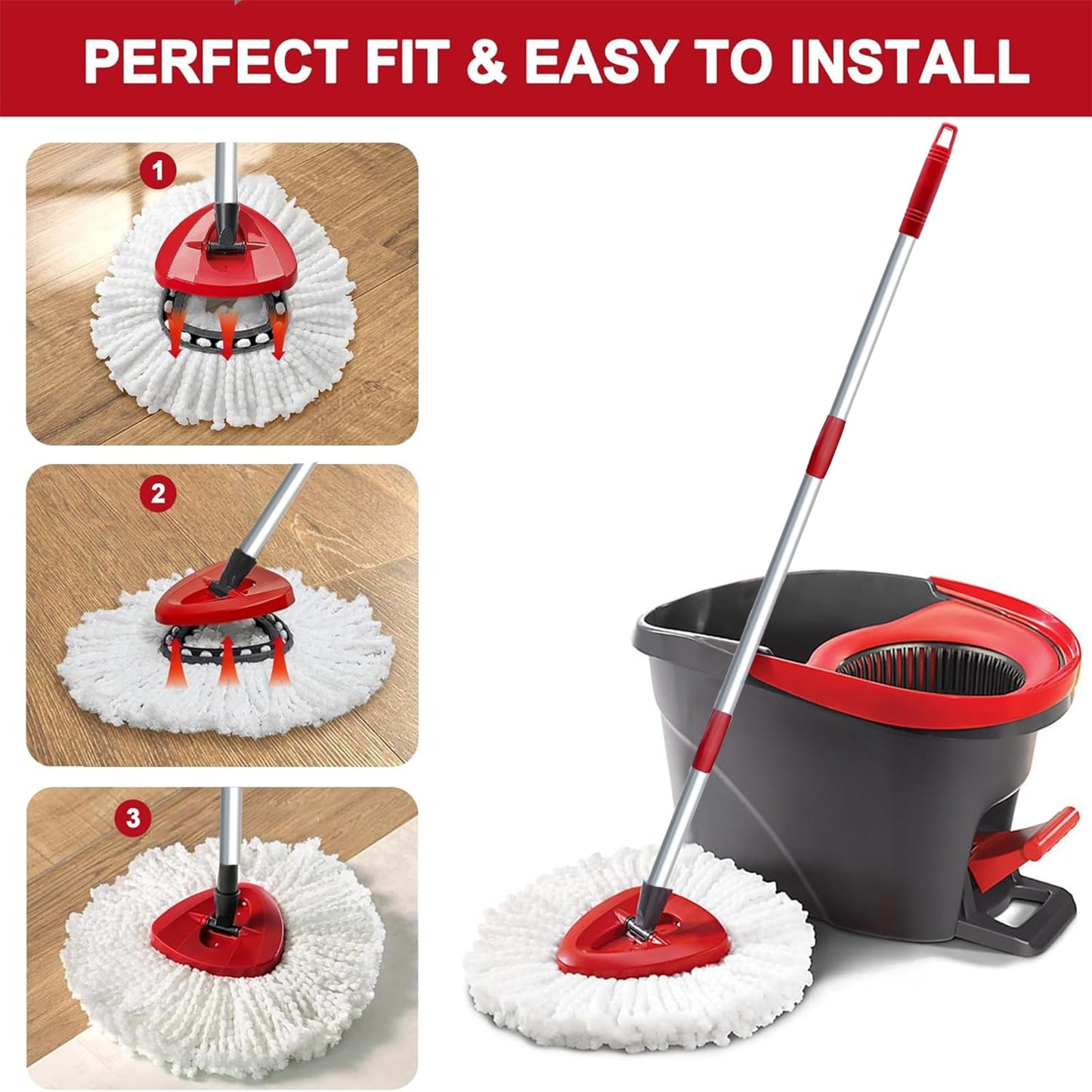4 Spin Mop Replace Head for Vileda EasyWring 1 Tank, 30”-58" Mop Handle,Chenille&Microfiber Head Refills for Multi-Surface Floor Dry/Wet Use,Triangle Floor Base and Scrub Brush Combo Set Replacement