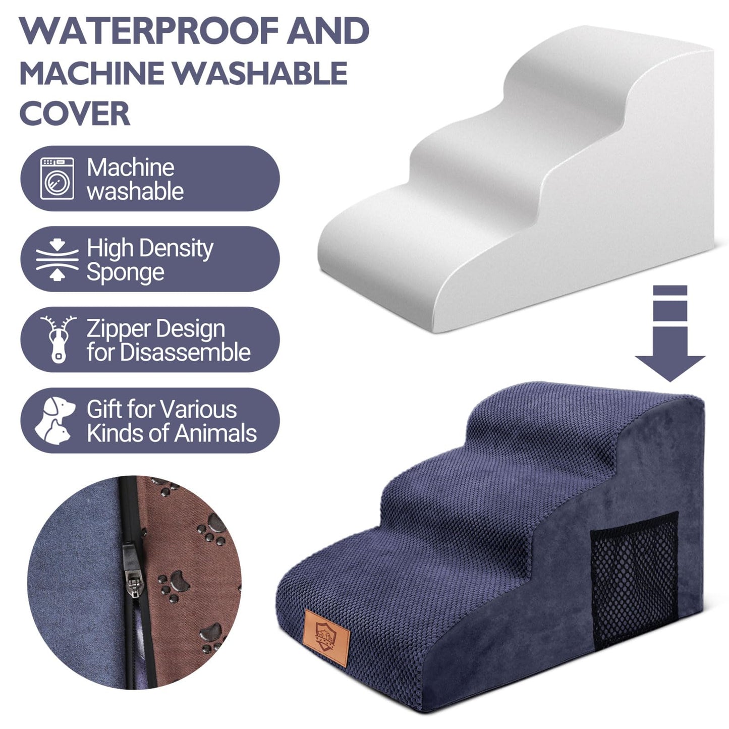 Almcmy 3-Step Dog Stairs for Small Dogs 15.7" H, Foam Pet Stairs for High Bed, Soft Dog Steps with Removable Cover, Non-Slip Dog Ramp Pet Steps for Old Cats, Injured Dogs, Elderly Pets, Blue