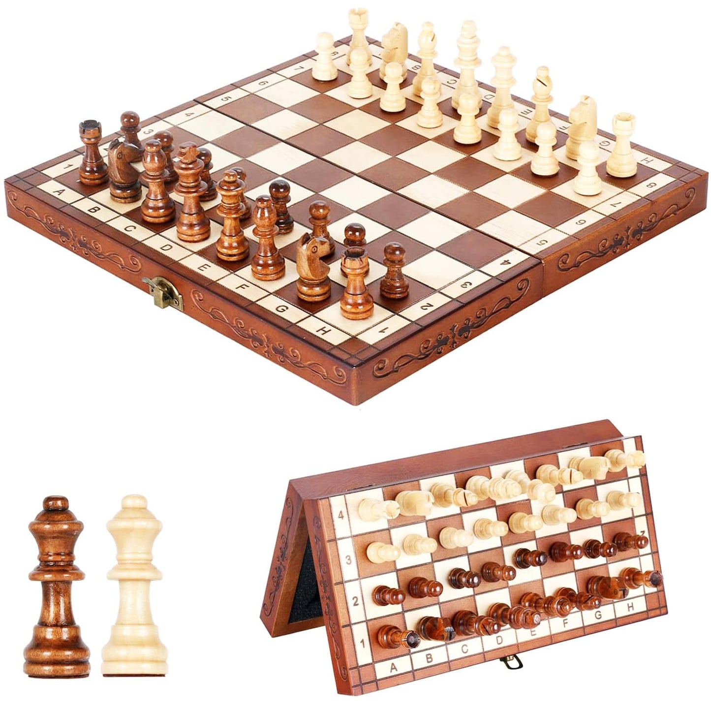 Syrace Magnetic Wooden Chess Set Board Games- Handmade Portable Travel Chess Board Game Sets with Game Pieces Storage Slots
