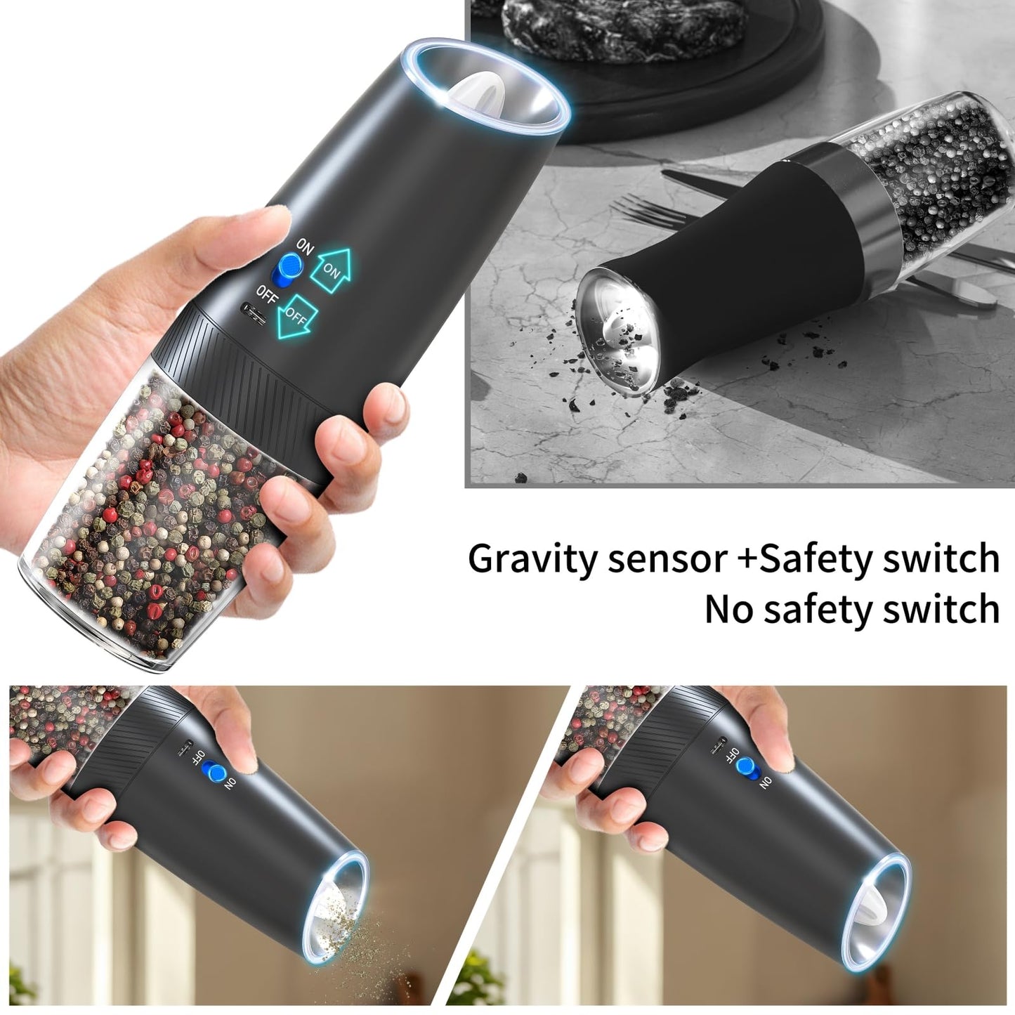 PEIPU Electric Pepper and Salt Grinder, Rechargeable Seasoning Mill，Adjustable Coarseness,with LED Light,One Hand Automatic Operation, Stainless Steel