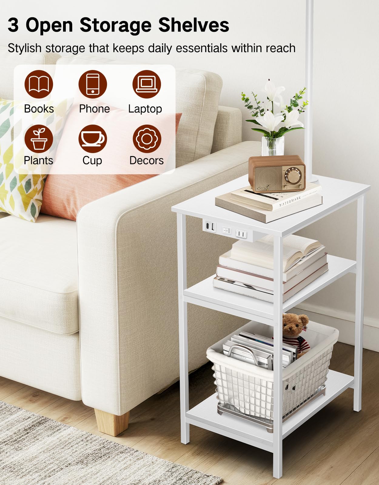 OUTONLIFE Floor Lamp with Table & Remote, Side Table with Charging Station, Dimmable Nightstand with 3 Color Temperatures, Open Shelves, 12W LED Bulb, End Table for Living Room, Bedroom, Office(White)