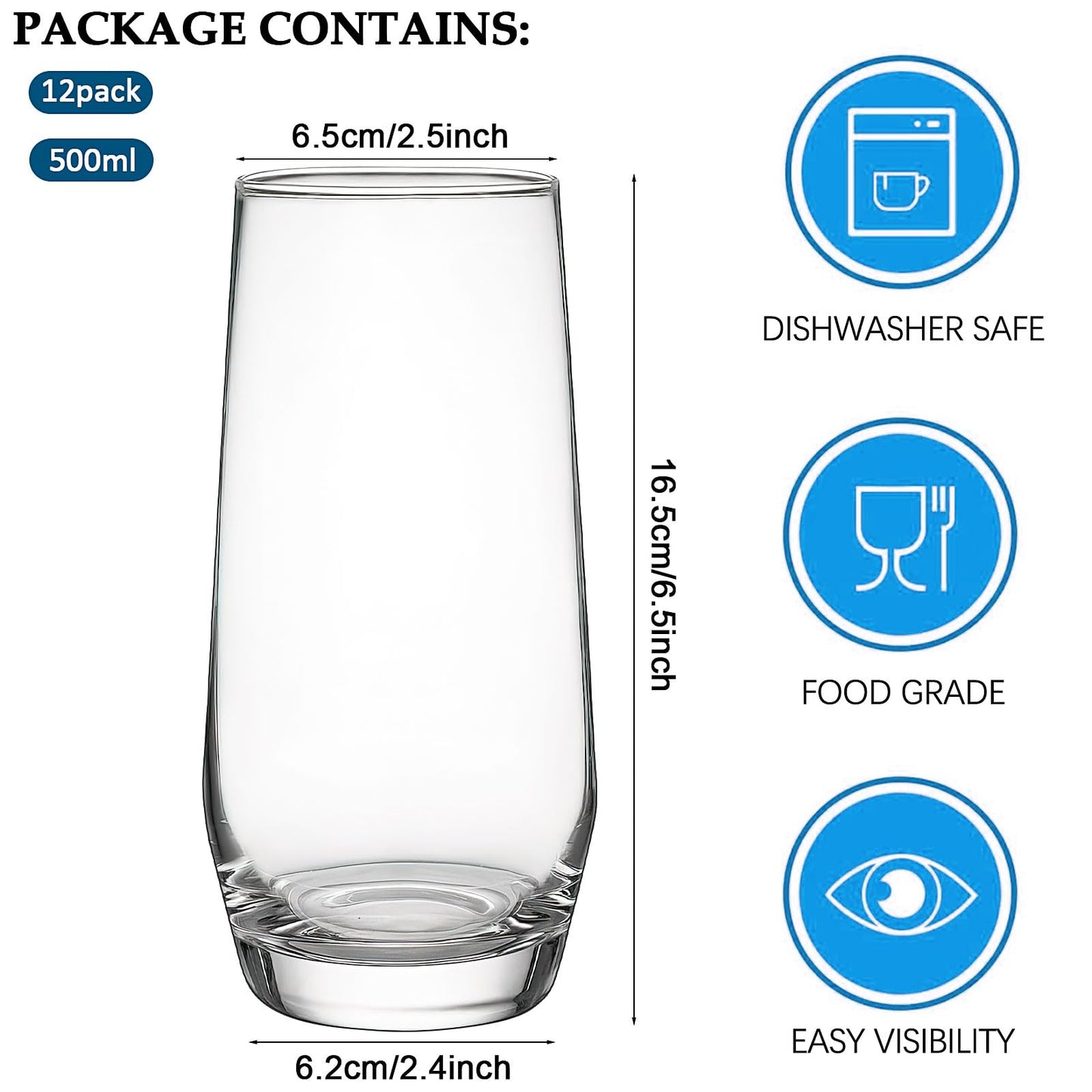 Drinking Glasses Set of 12, Crystal Highball Water Glasses, Glass Cups for Water, Juice, Beverage, Mojito, Mixed Drinks, Cocktail Glass Set-15 Oz