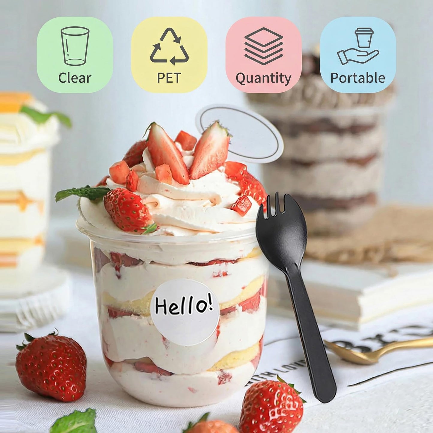 Nicunom 100 Pack 12 oz Clear Dessert Cups with Dome Lids (No Hole) & Sporks, Plastic Parfait Cups, No Leaking Disposable Party Cups with Lids for Ice Cream Fruit Cake Snacks Yogurt Cold Drinks
