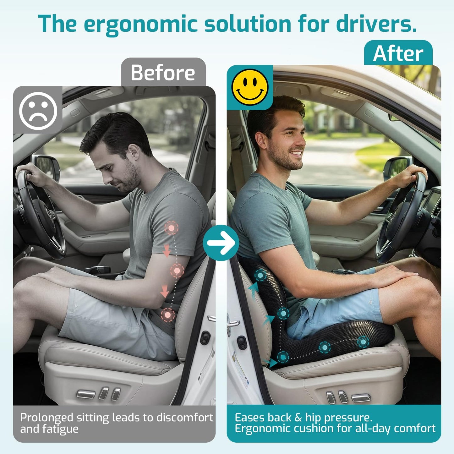 Memory Foam Seat Cushion with Lower Lumbar Support - 3-Inch Car Booster for Shorter Drivers & Ergonomic Orthopedic Cushion Back & Sciatica Pain Relief for Truck RV Office Chair (Black Grey)