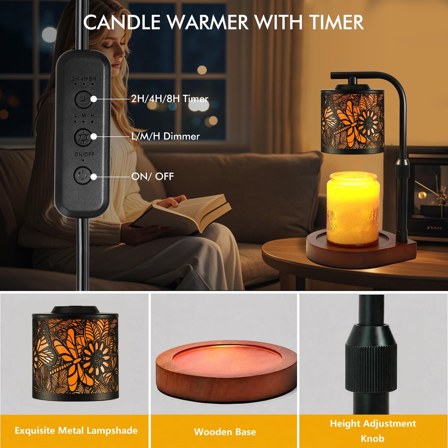 Candle Wax Warmer Timer Dimmer- Electric Wax Melt Warmer with Adjustable Height for Scented Candles, Home Décor Fragrance and House Warming Birthday Gifts for Women Mom