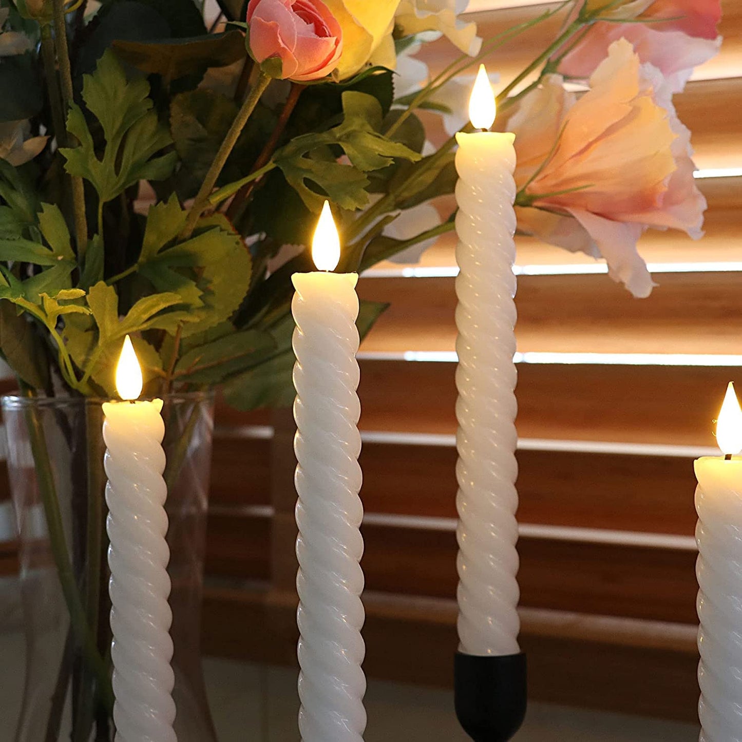 Rhytsing 10" White Flameless Twist Taper Candles with Timer, Battery Operated Spiral Taper Candles, Warm White Light, Remote & Batteries Included - Set of 4