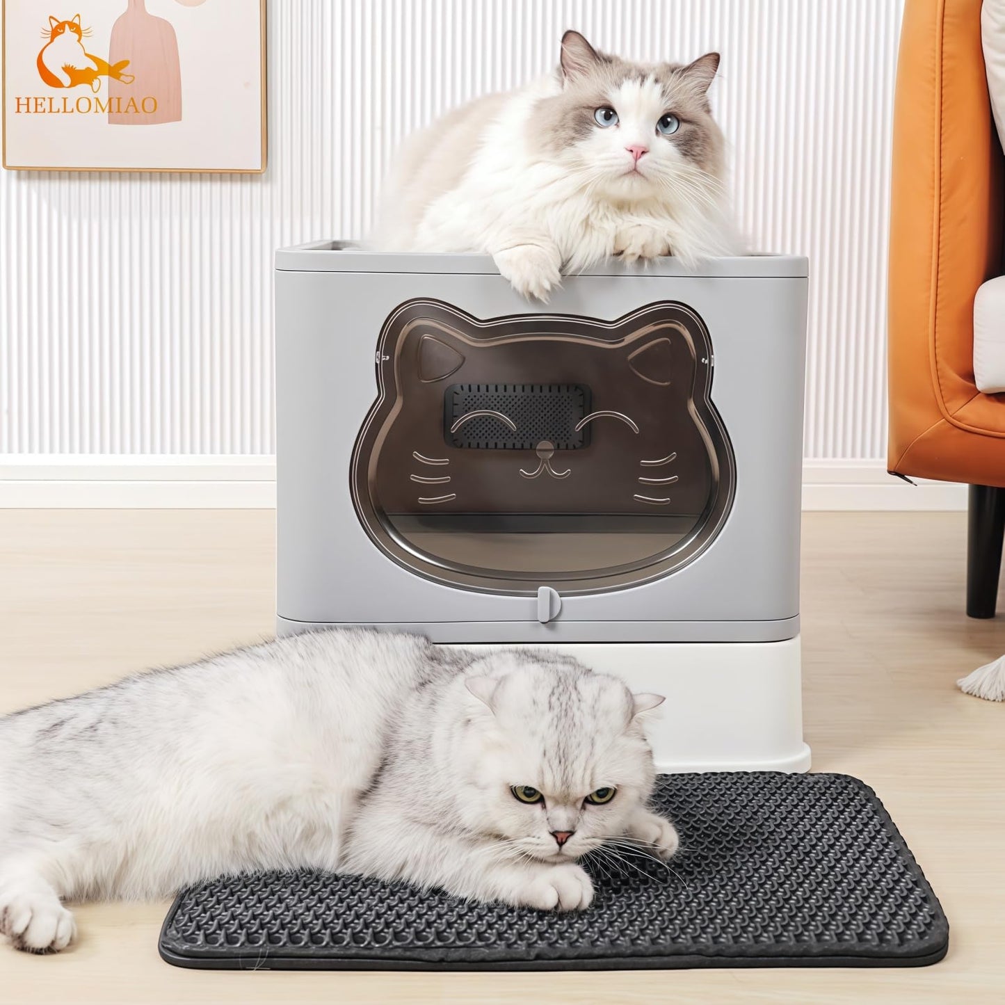 HelloMiao Enclosed Cat Litter Box with Stainless Steel Drawer & Lid - Extra Large, Leak-Proof and Odor-Control Covered Design Litter Tray or Indoor Cats, Includes Litter Scoop & Mat